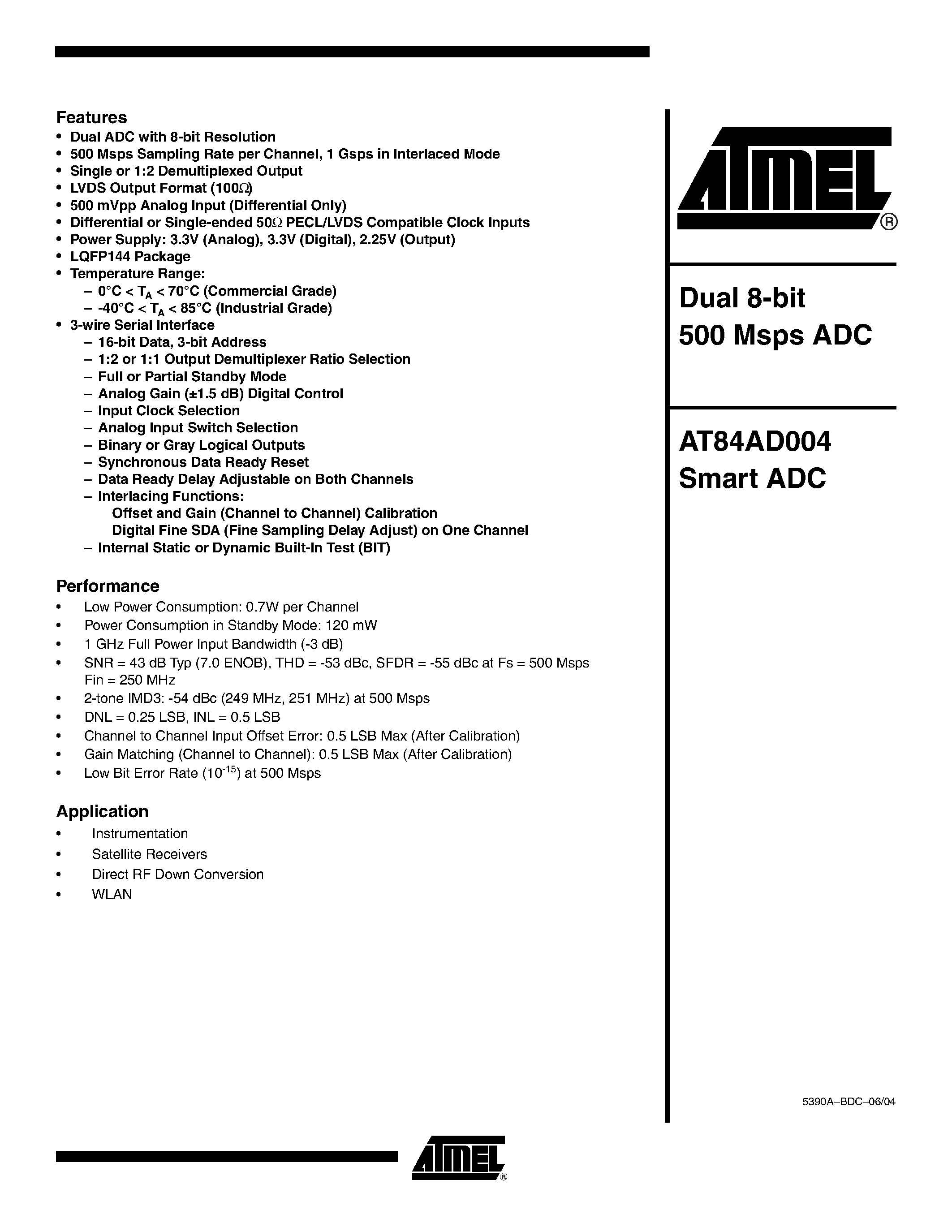 Datasheet AT84AD004TD - DUAL 8 BIT 500 MSPS ADC page 1