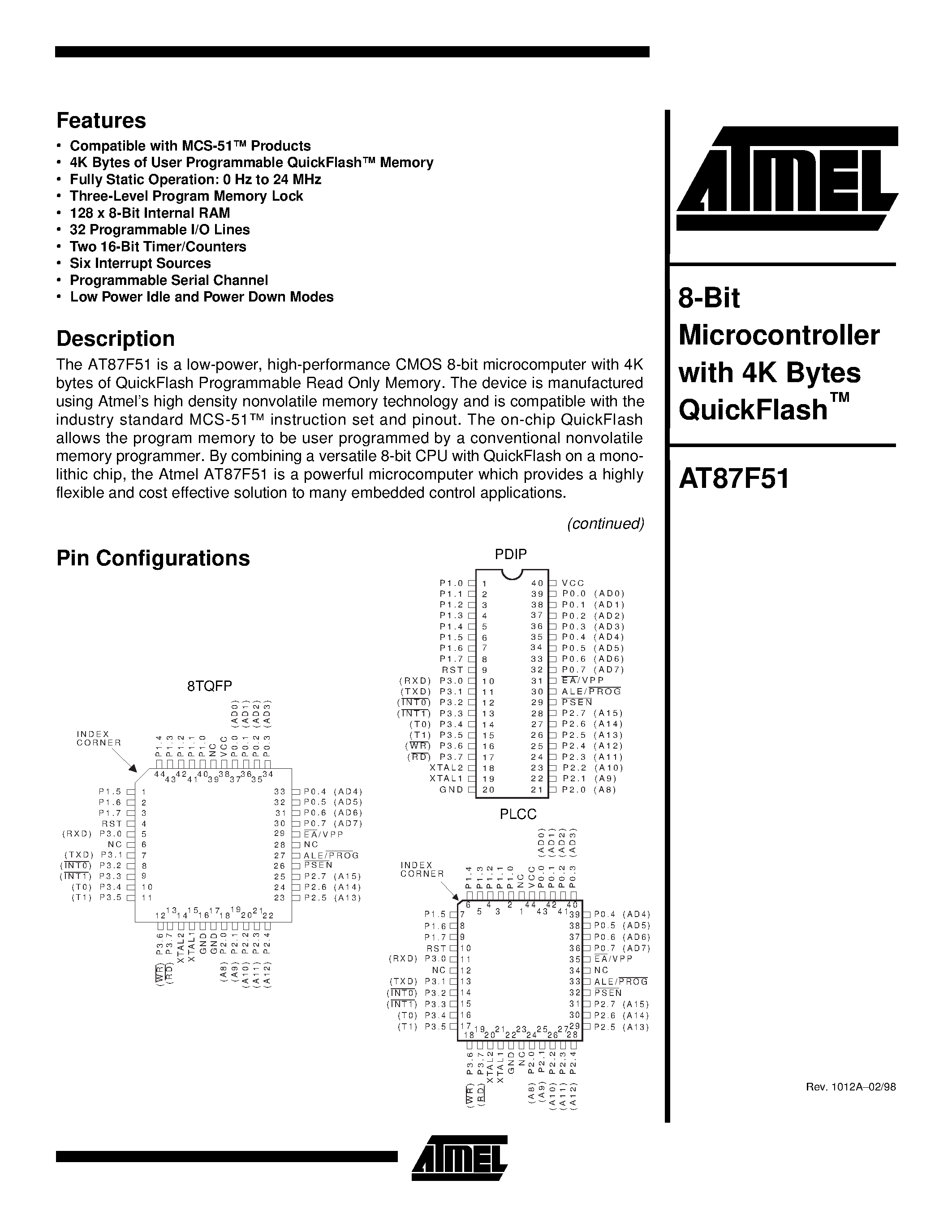 Datasheet AT87F51 - 8-Bit Microcontroller with 4K Bytes QuickFlash page 1