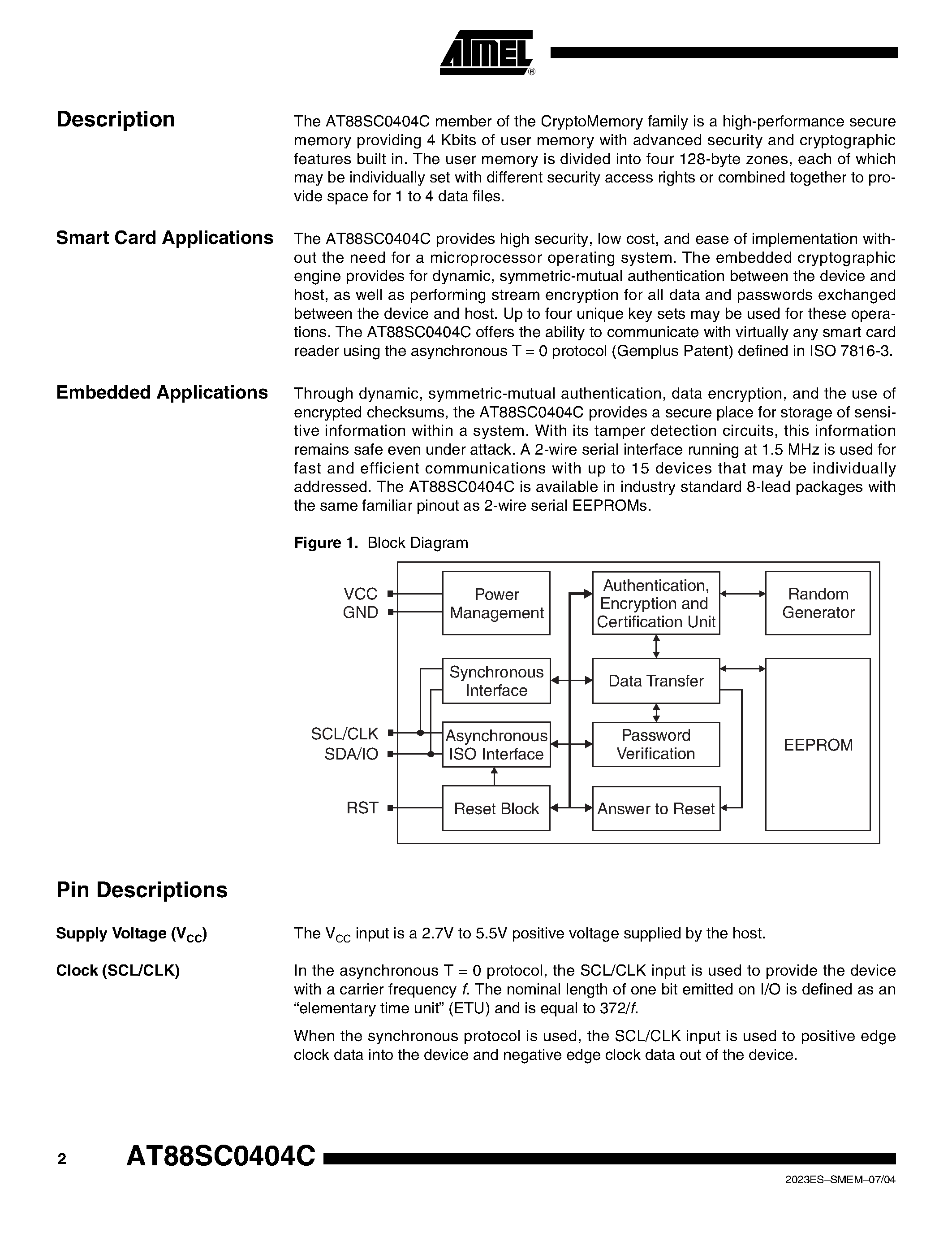Даташит на микросхему AT88SC0404C-SU страница 2 Даташит AT88SC0404C-SU - CryptoMemory 4 Kbit страница 2