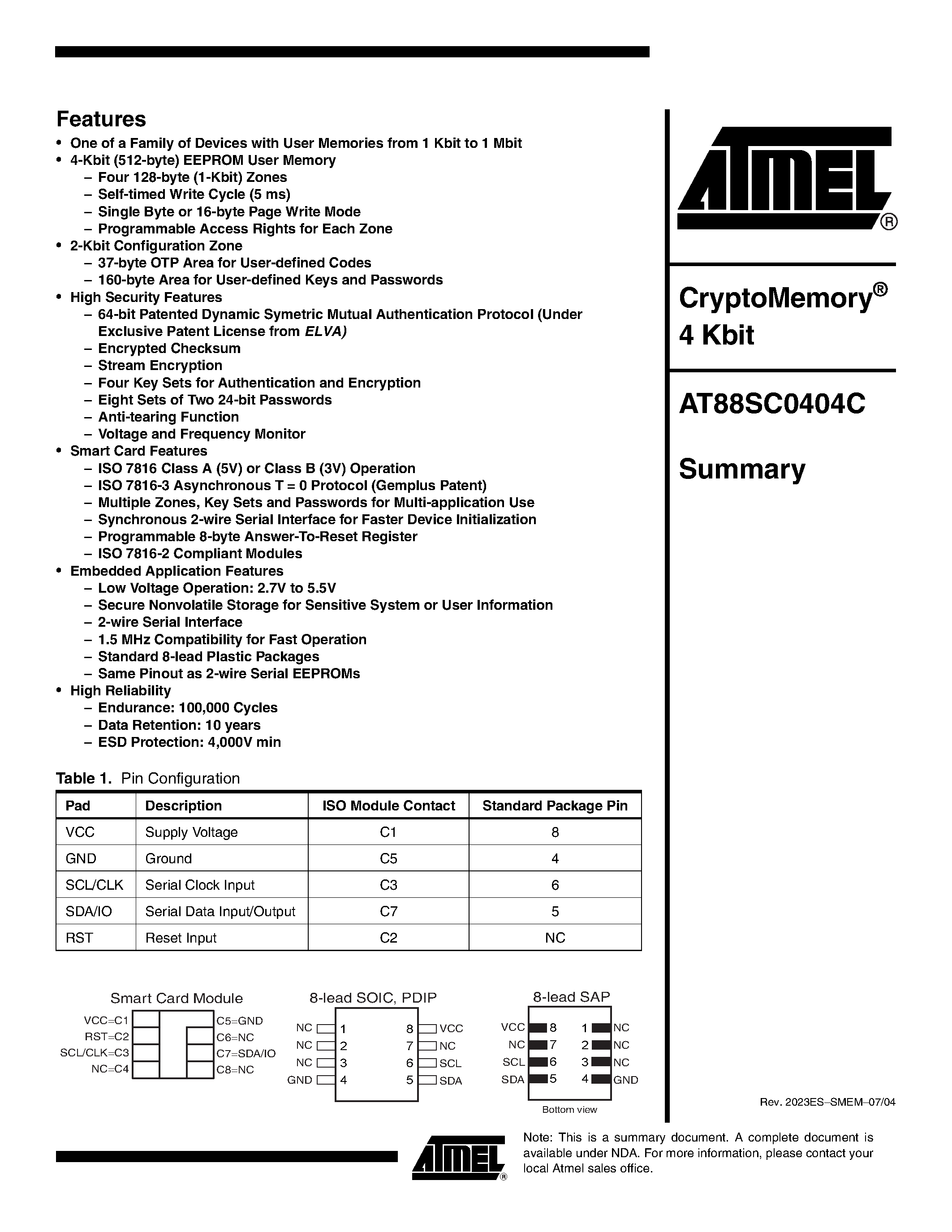 Datasheet AT88SC0404C-Y4U - CryptoMemory 4 Kbit page 1