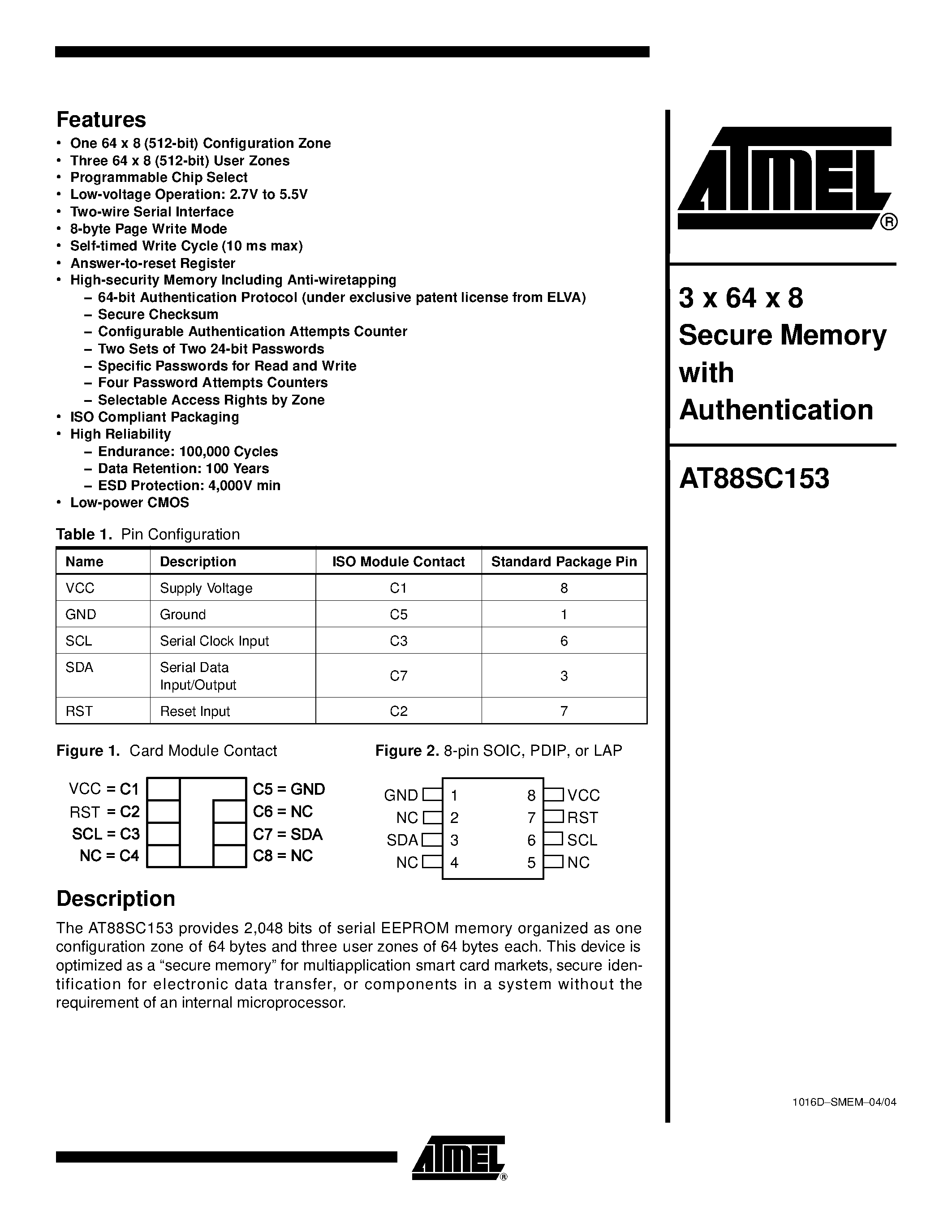 Datasheet AT88SC153-09PT-00 - 3 x 64 x 8 Secure Memory with Authentication page 1
