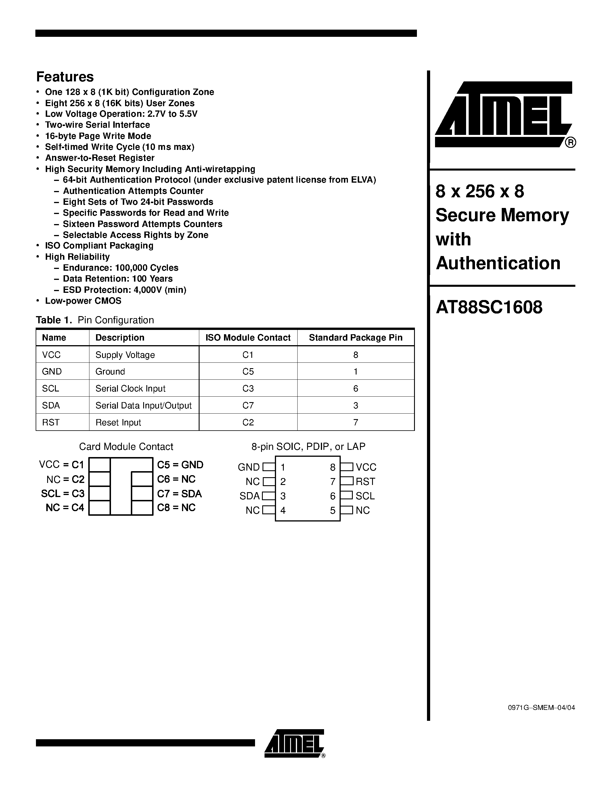Datasheet AT88SC1608-10WI-00 - 8 x 256 x 8 Secure Memory with Authentication page 1