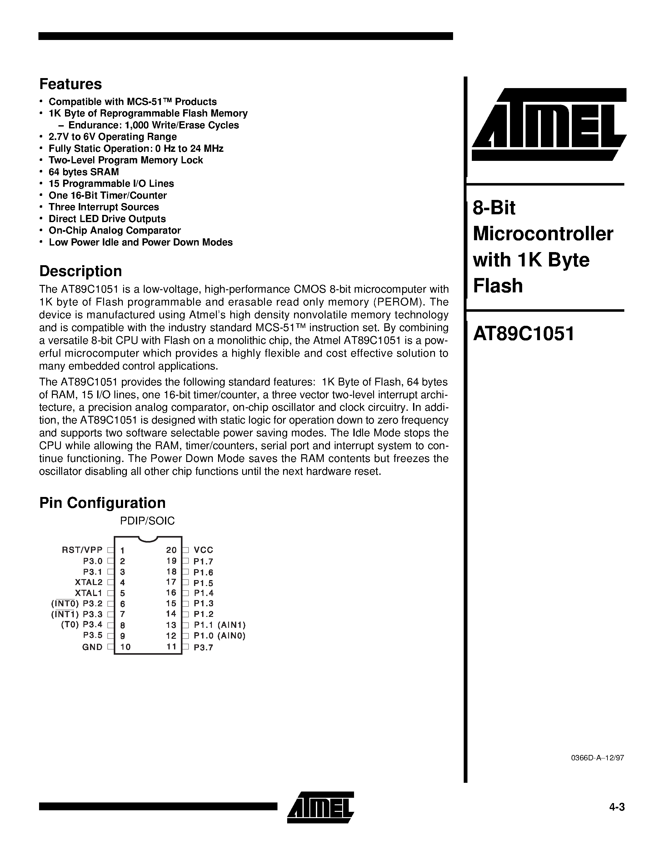 Datasheet AT89C1051-24SI - 8-Bit Microcontroller with 1K Byte Flash page 1