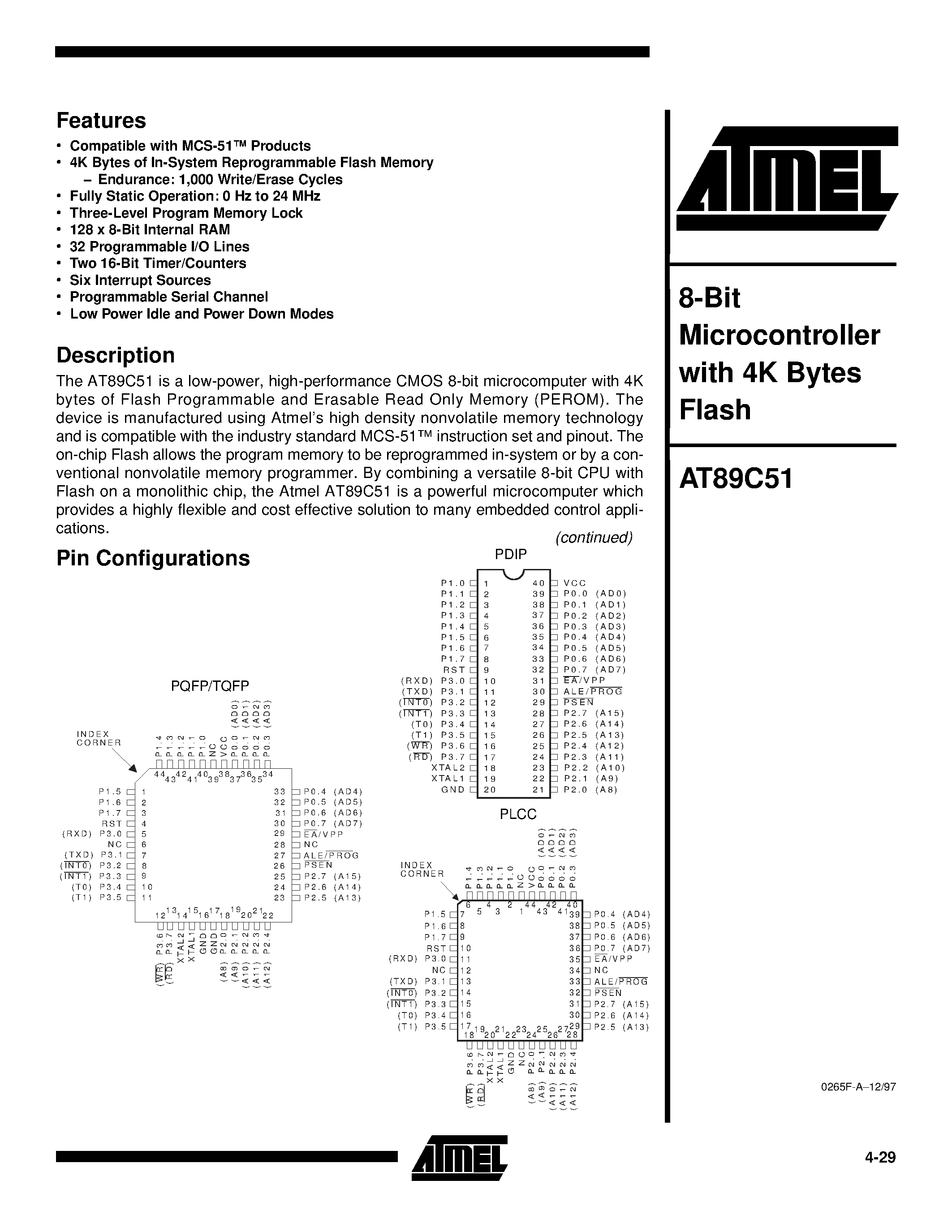 Даташит AT89C51-12PI - 8-Bit Microcontroller with 4K Bytes Flash страница 1