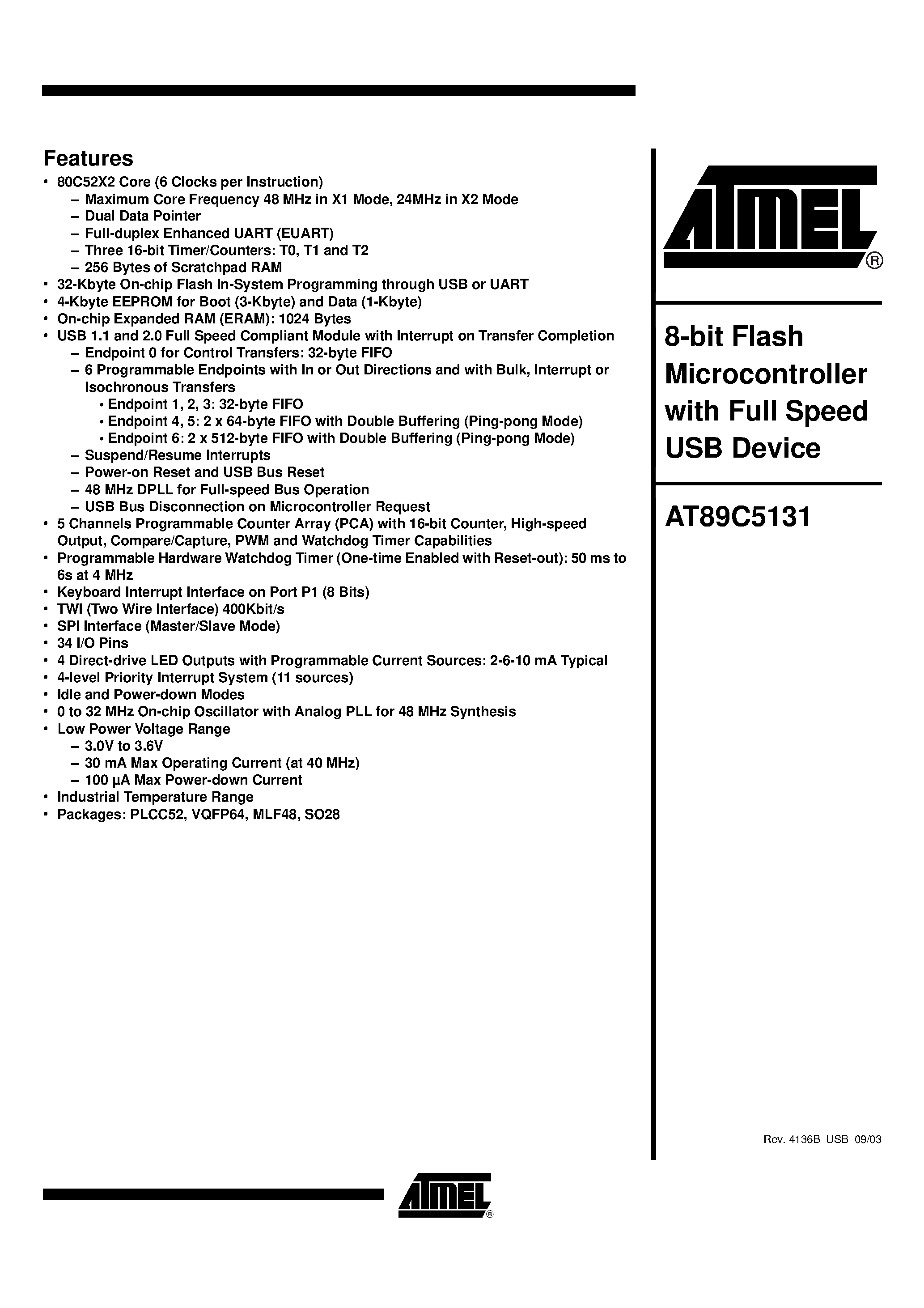 Datasheet AT89C5131 - 8-bit Flash Microcontroller with Full Speed USB Device page 1