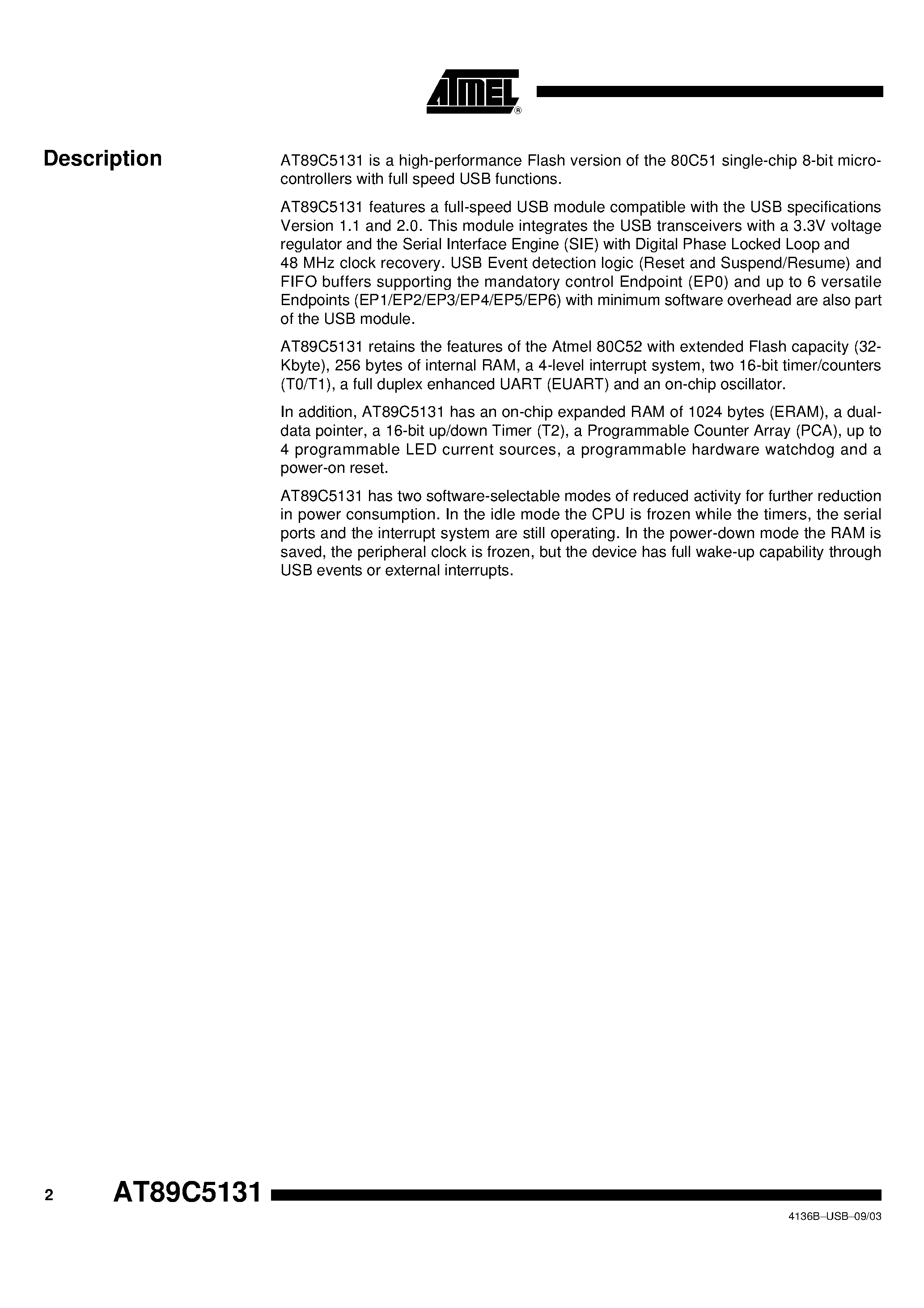 Datasheet AT89C5131 - 8-bit Flash Microcontroller with Full Speed USB Device page 2