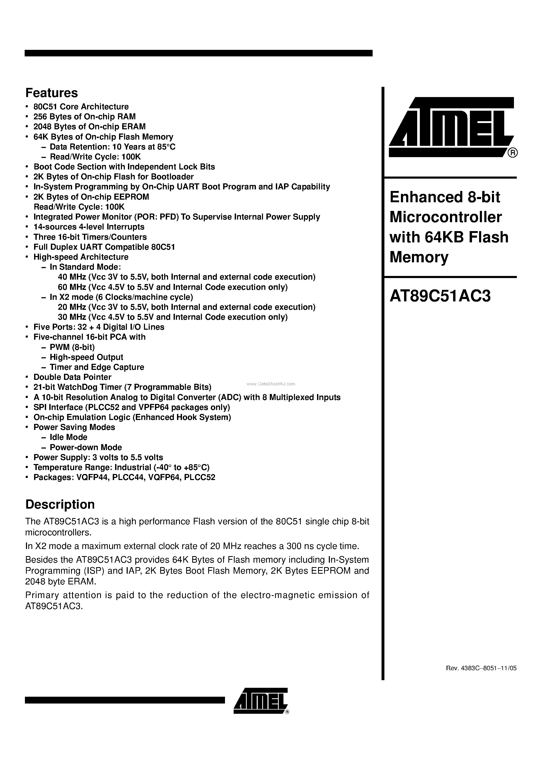 Datasheet AT89C51AC3-SLSIM - Enhanced 8-bit Microcontroller with 64KB Flash Memory page 1