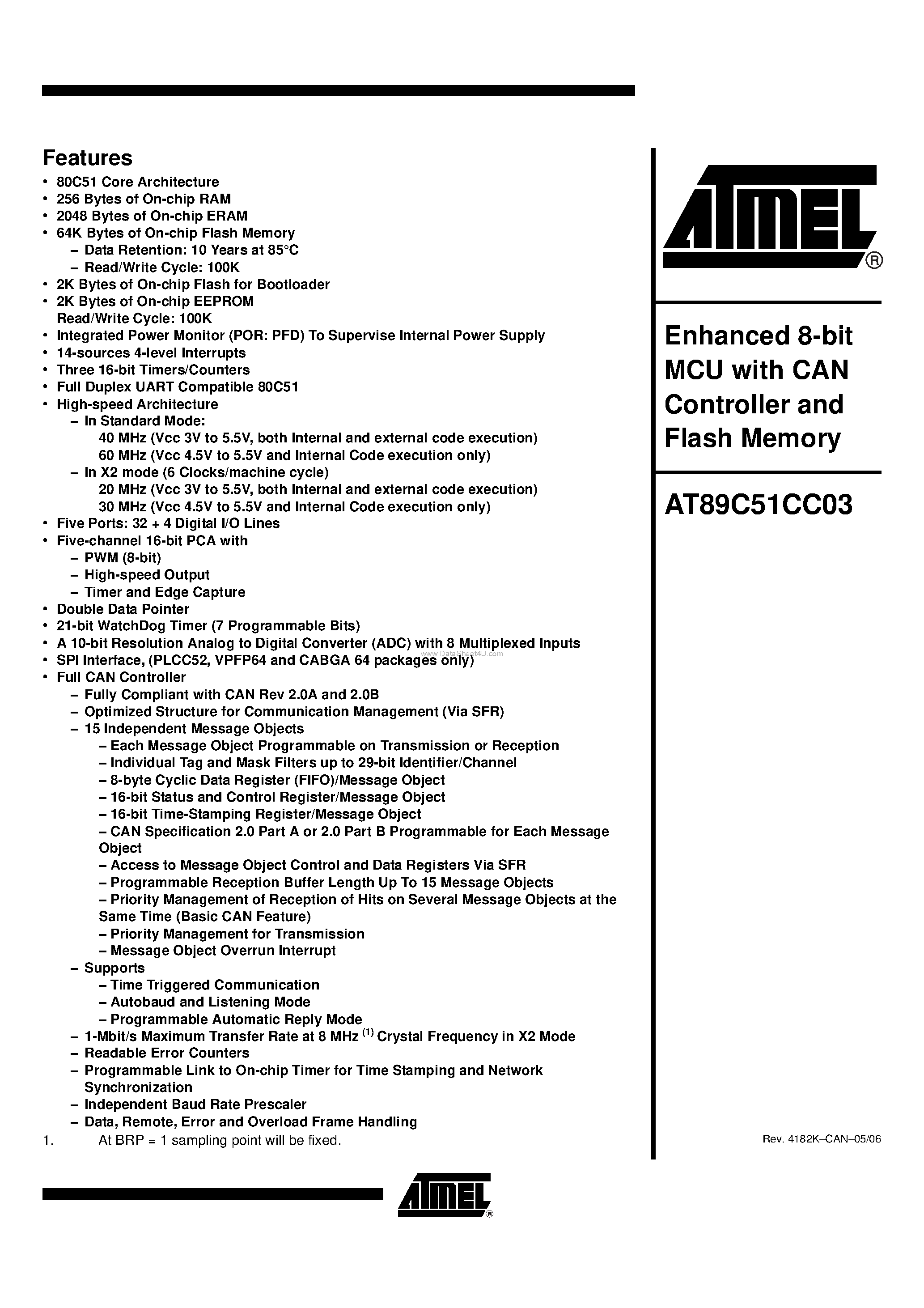 Даташит AT89C51CC03U-RLTIM - Enhanced 8-bit MCU with CAN Controller and Flash Memory страница 1