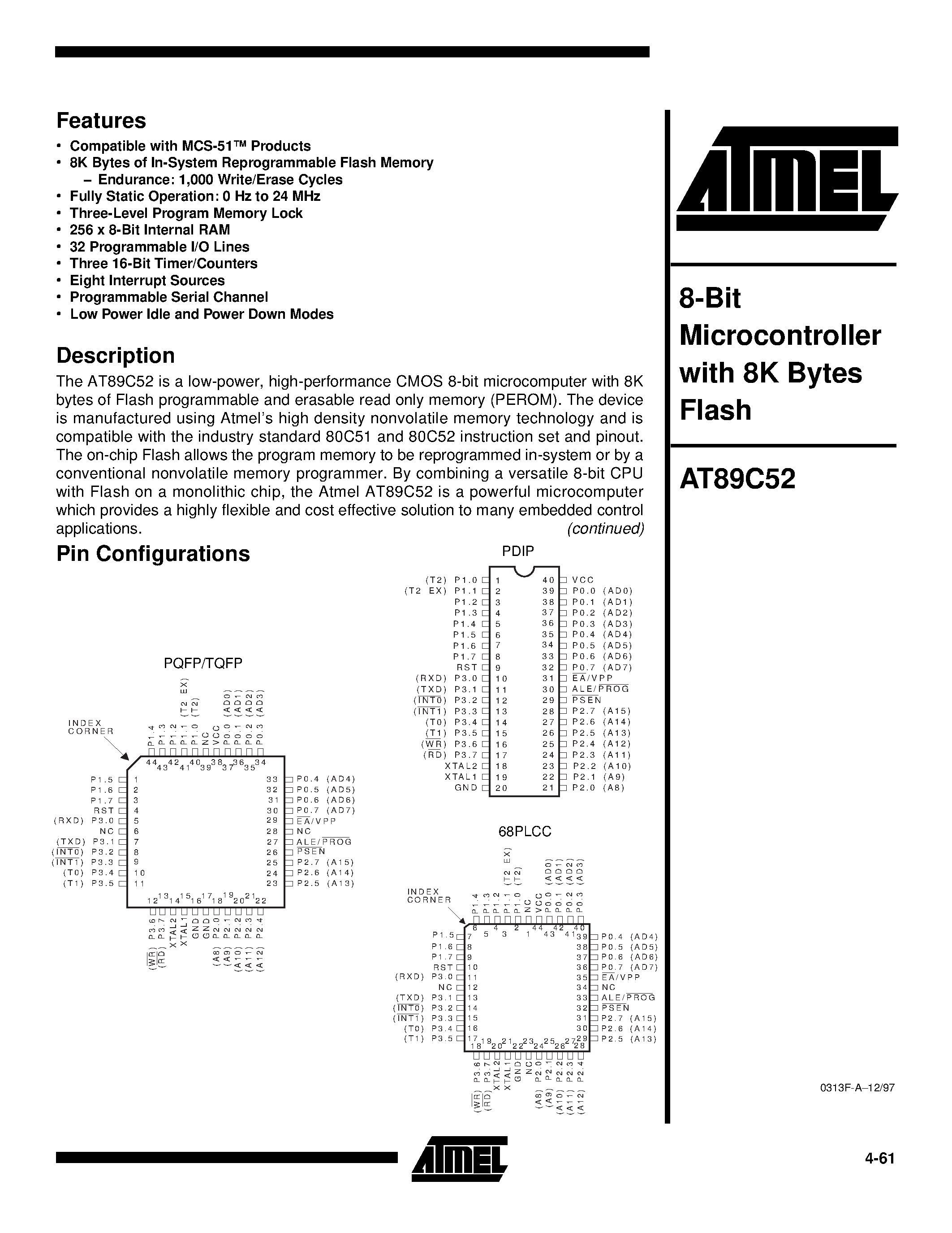 Datasheet AT89C52-12QI - 8-Bit Microcontroller with 8K Bytes Flash page 1