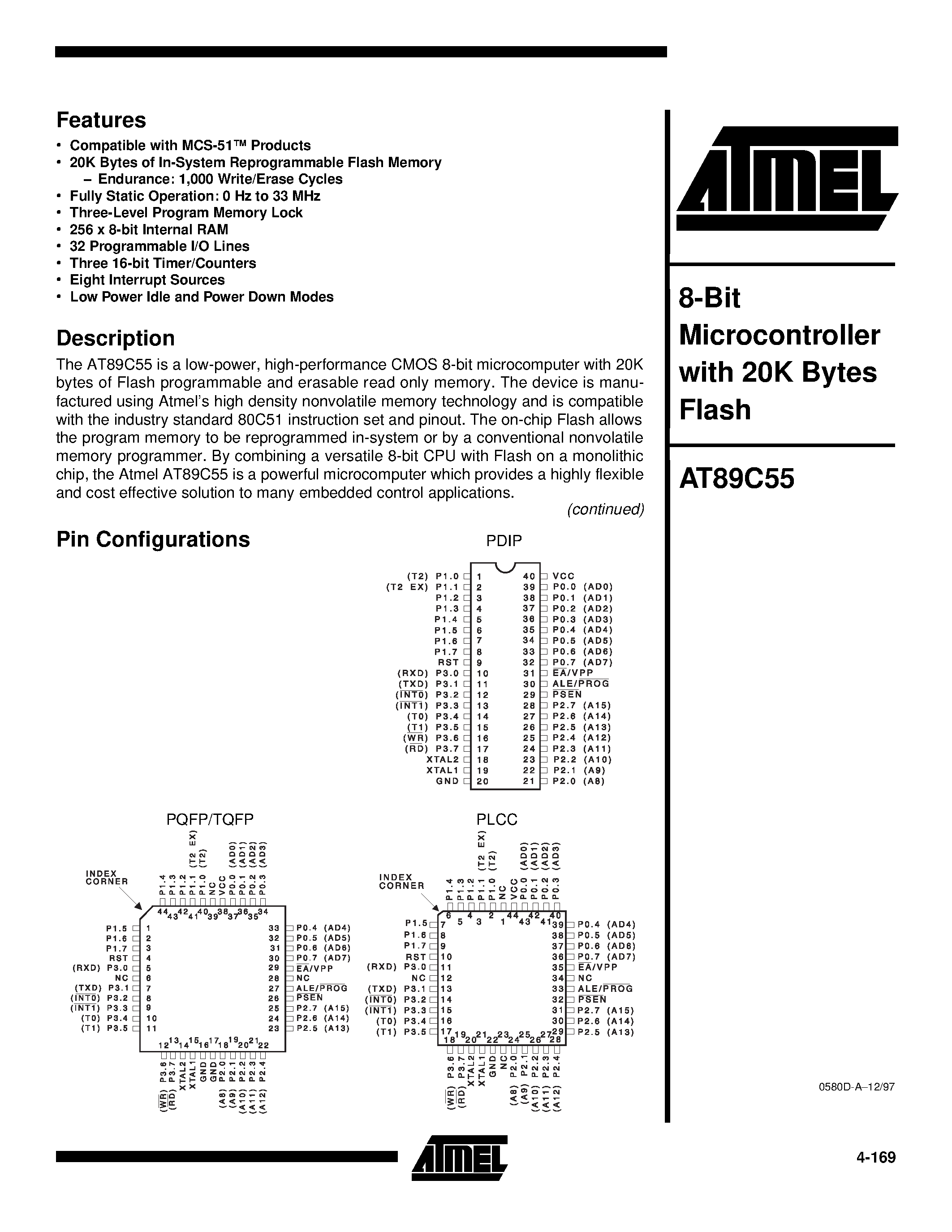 Datasheet AT89C55-33PC - 8-Bit Microcontroller with 20K Bytes Flash page 1