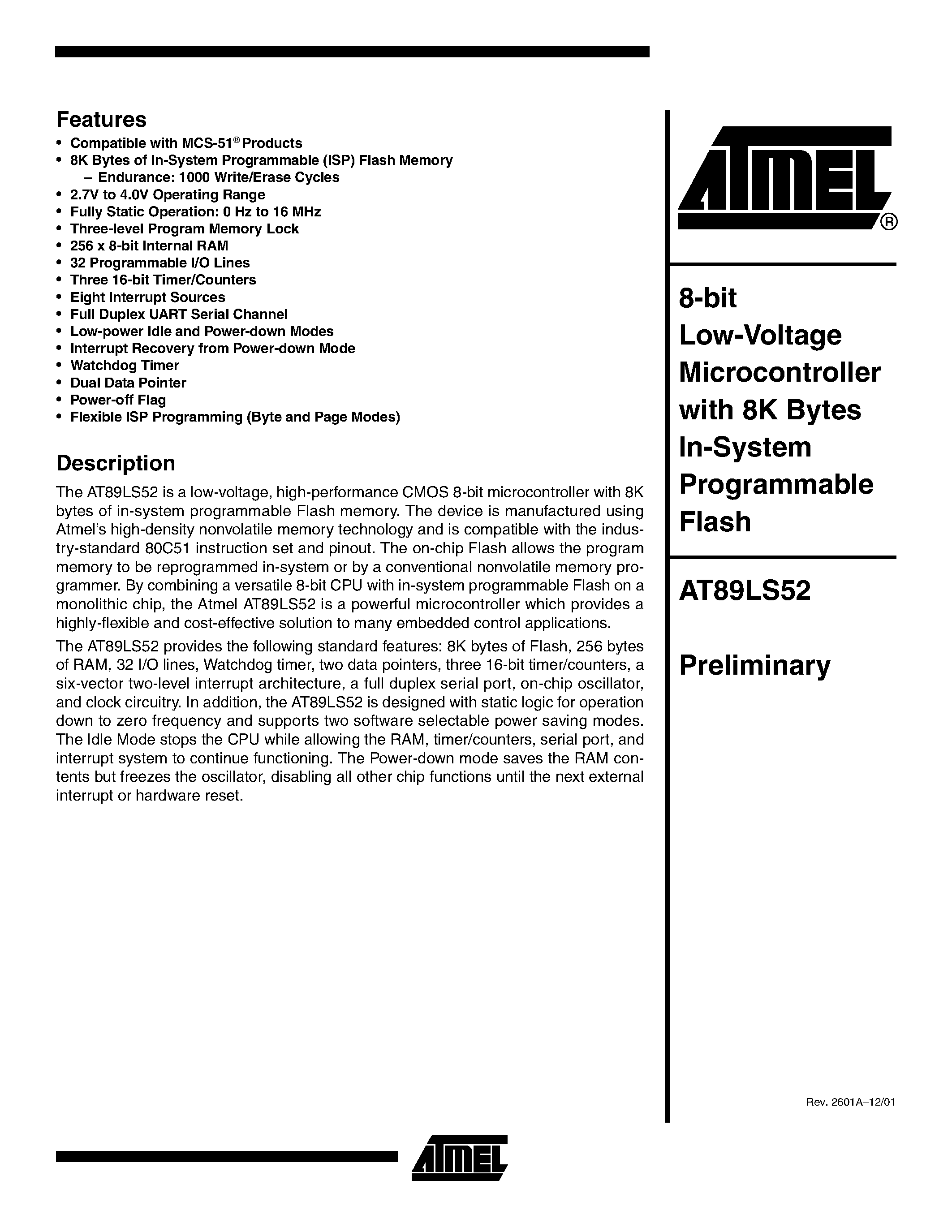 Datasheet AT89LS52-16AC - 8-bit Low-Voltage Microcontroller with 8K Bytes In-System Programmable Flash page 1
