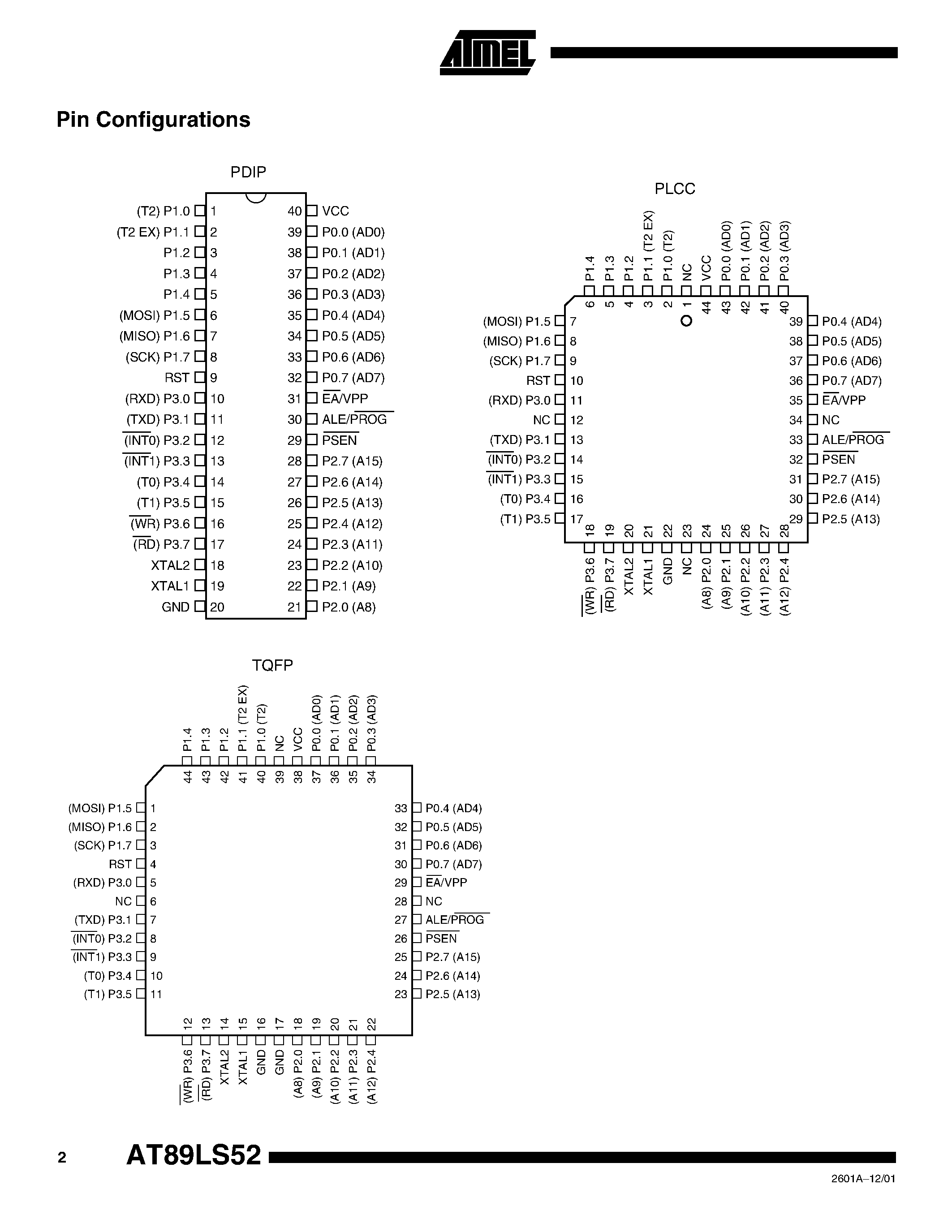 Datasheet AT89LS52-16JC - 8-bit Low-Voltage Microcontroller with 8K Bytes In-System Programmable Flash page 2