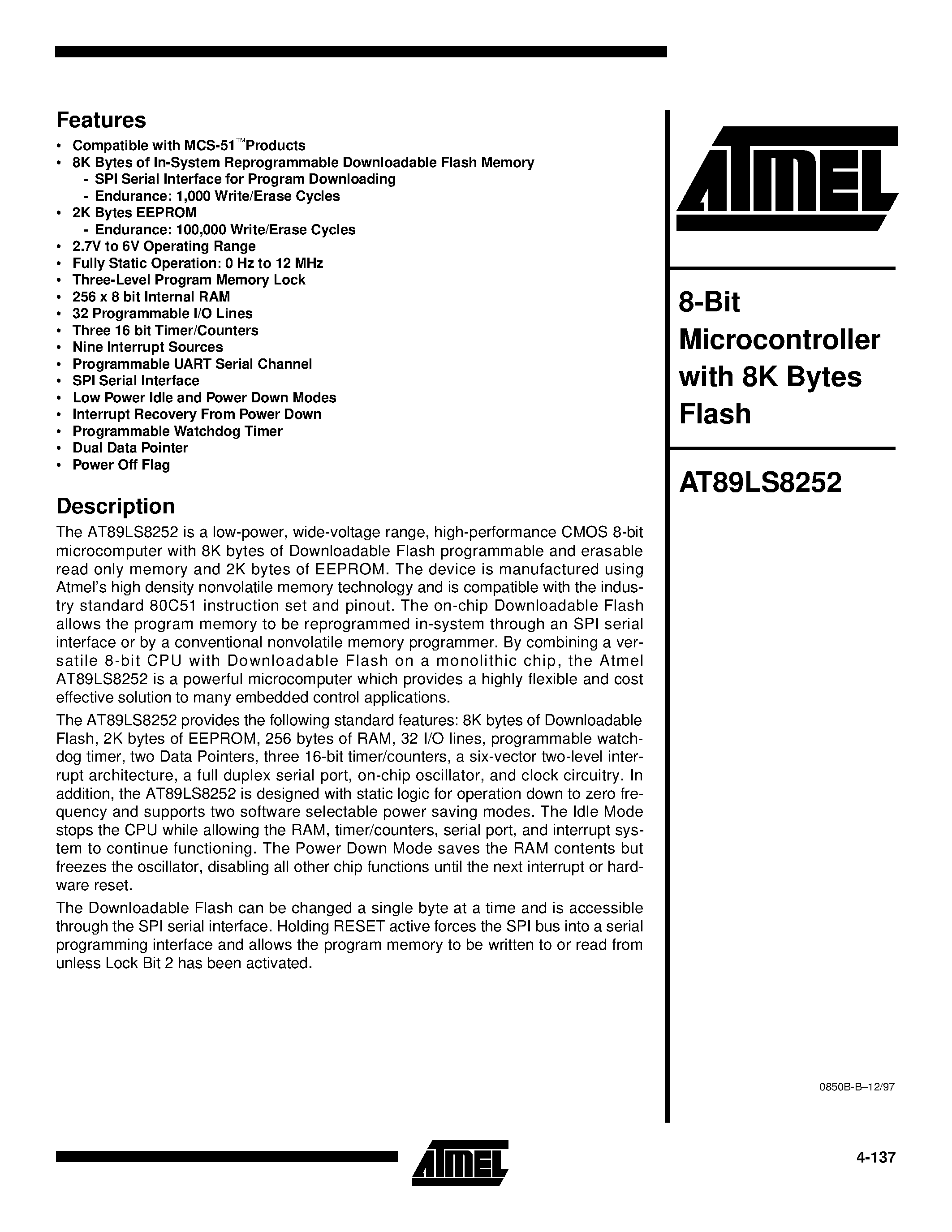 Datasheet AT89LS8252-12JI - 8-Bit Microcontroller with 8K Bytes Flash page 1