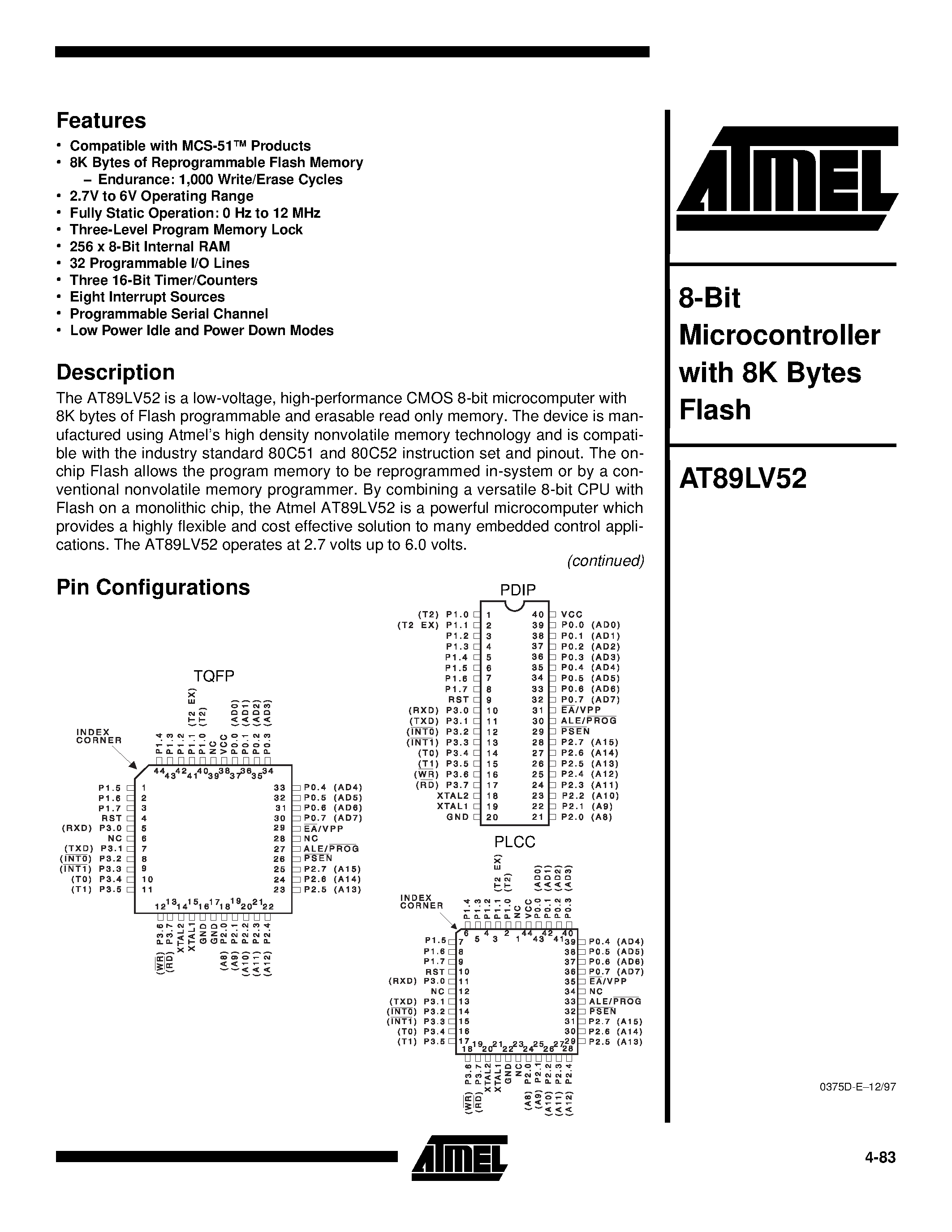 Datasheet AT89LV52 - 8-Bit Microcontroller with 8K Bytes Flash page 1