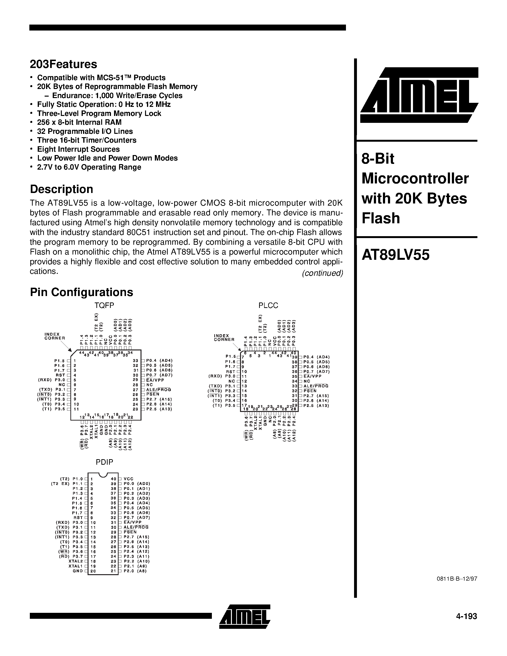 Datasheet AT89LV55-12PC - 8-Bit Microcontroller with 20K Bytes Flash page 1