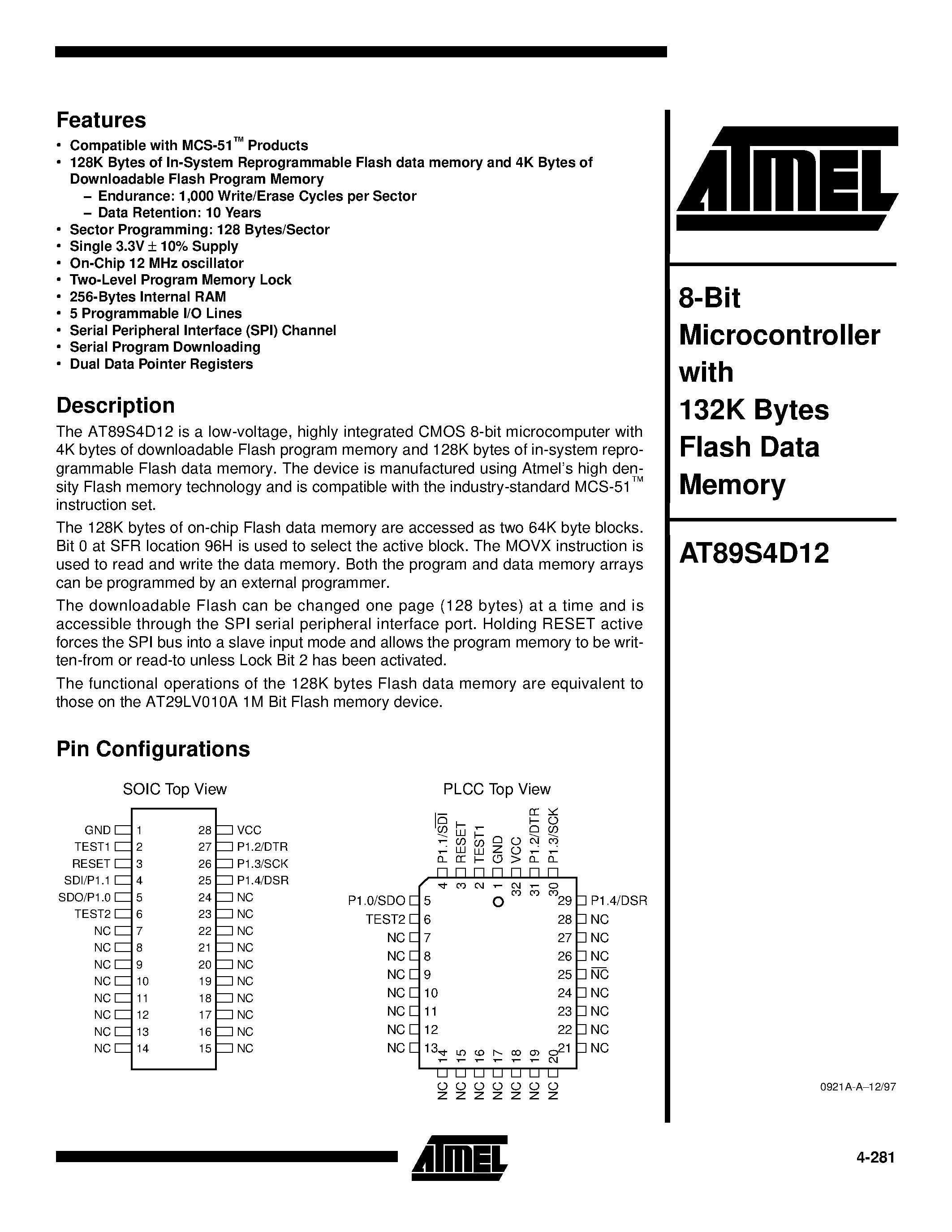 Datasheet AT89S4D12-12RC - 8-Bit Microcontroller with 132K Bytes Flash Data Memory page 1
