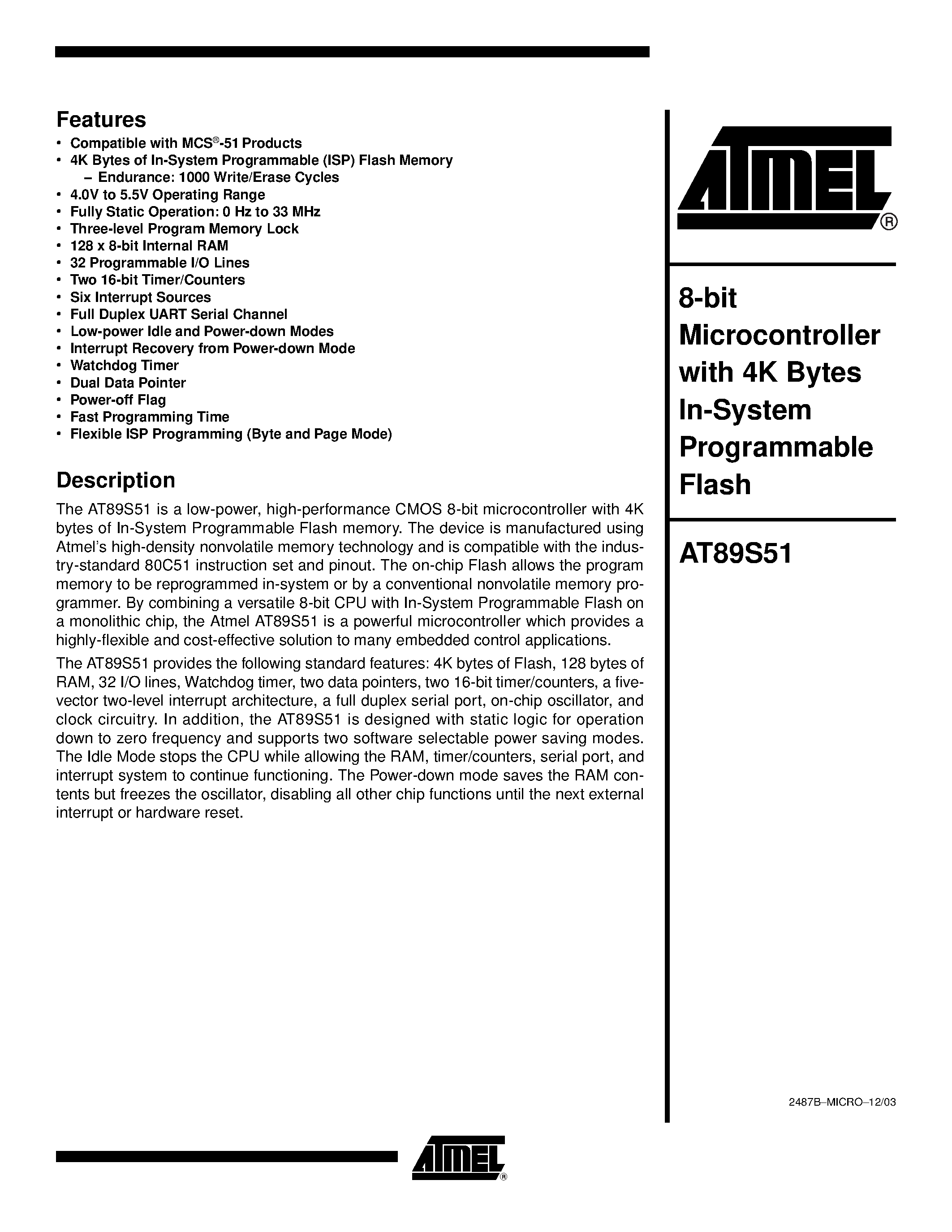 Datasheet AT89S51-33JC - 8-bit Microcontroller with 4K Bytes In-System Programmable Flash page 1