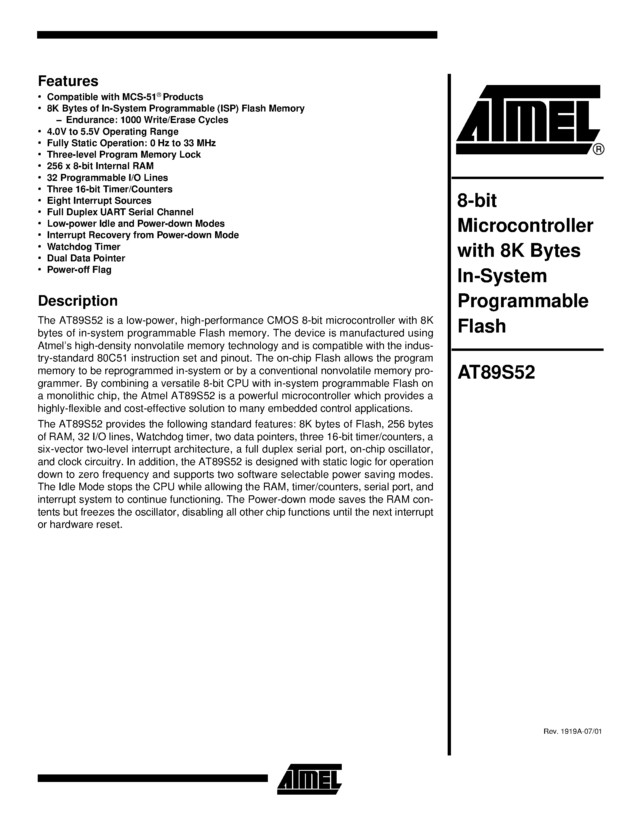 Datasheet AT89S52-24AI - 8-bit Microcontroller with 8K Bytes In-System Programmable Flash page 1