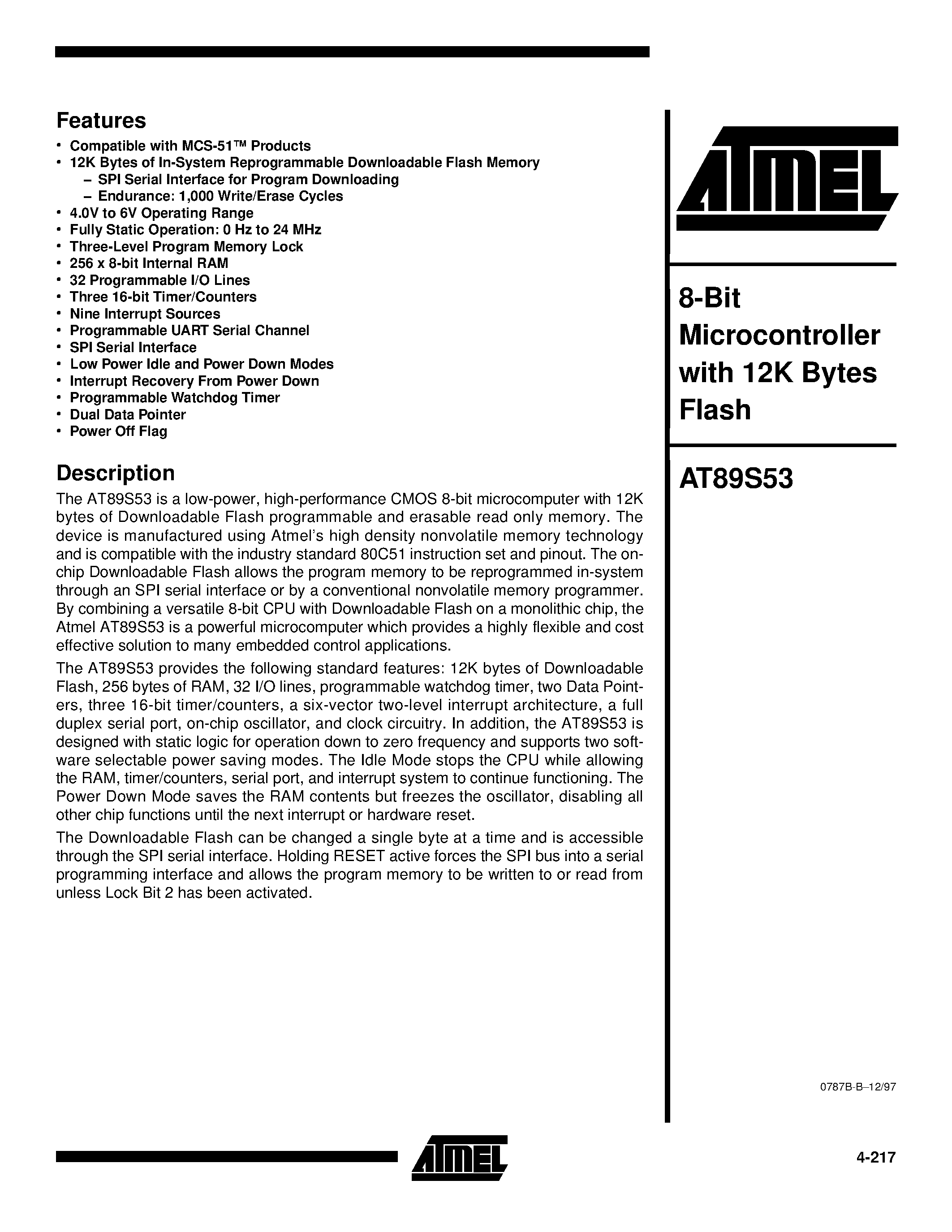 Datasheet AT89S53-24JI - 8-Bit Microcontroller with 12K Bytes Flash page 1