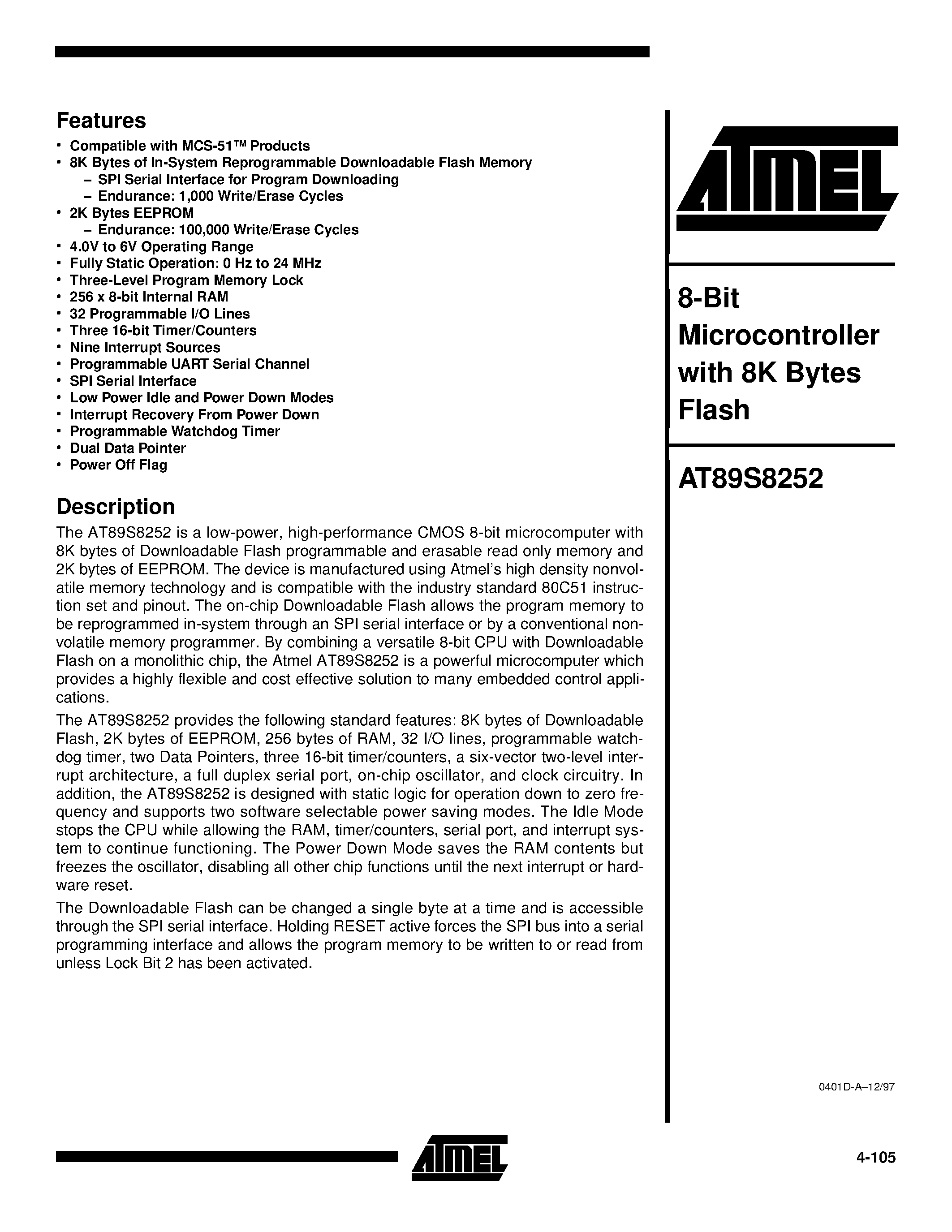 Datasheet AT89S8252-33JC - 8-Bit Microcontroller with 8K Bytes Flash page 1