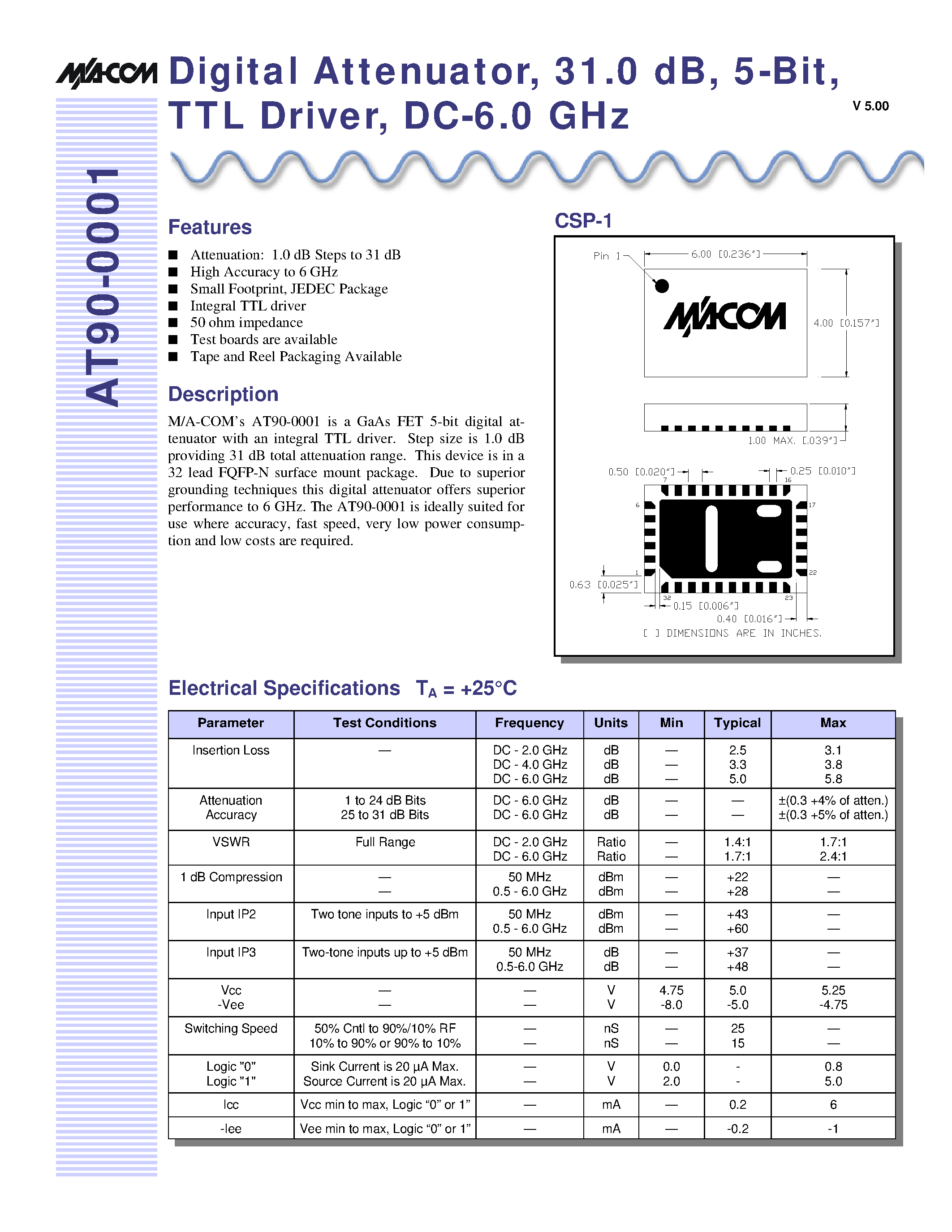 Datasheet AT90-0001TR - Digital Attenuator/ 31.0 dB/ 5-Bit/ TTL Driver/ DC-6.0 GHz page 1