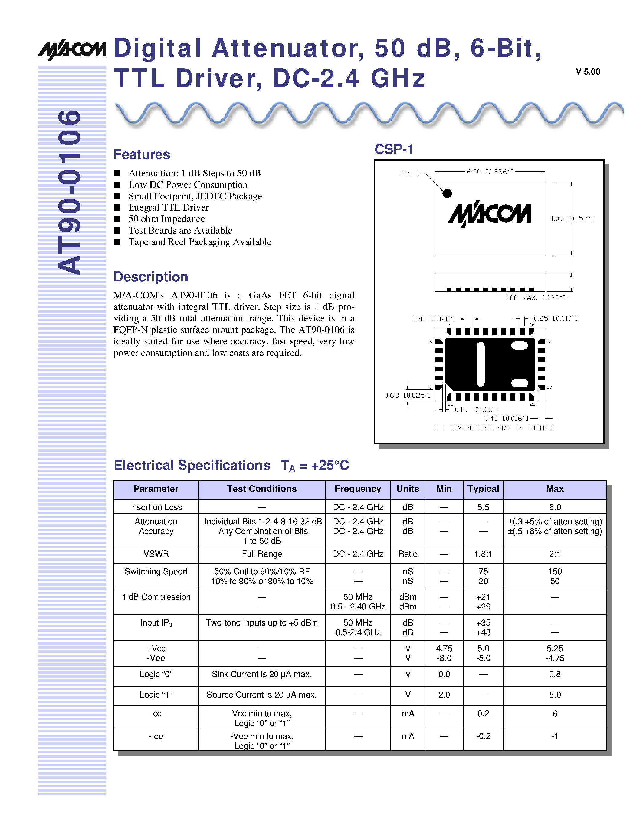 Datasheet AT90-0106TR - Digital Attenuator/ 50 dB/ 6-Bit/ TTL Driver/ DC-2.4 GHz page 1