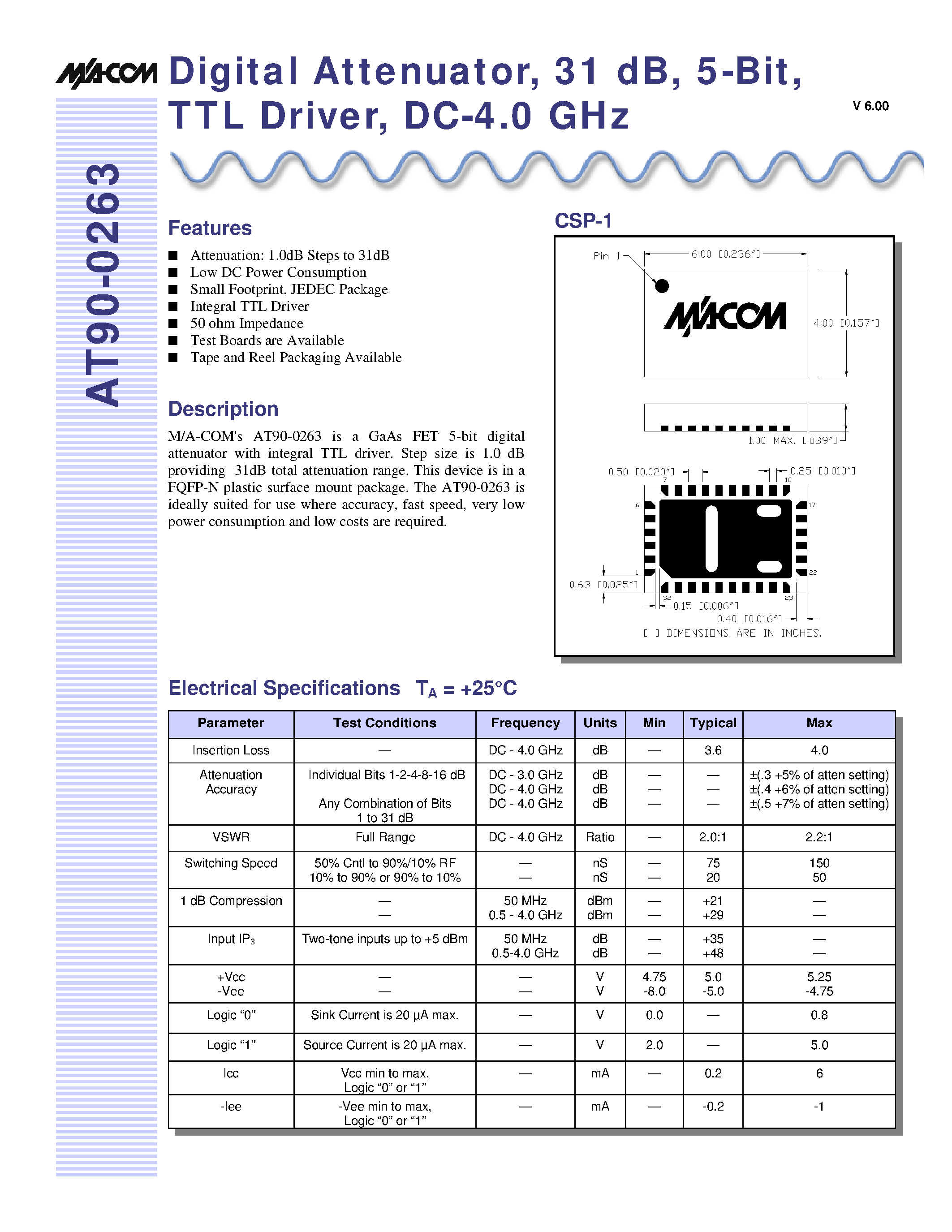 Datasheet AT90-0263TR - Digital Attenuator/ 31 dB/ 5-Bit/ TTL Driver/ DC-4.0 GHz page 1