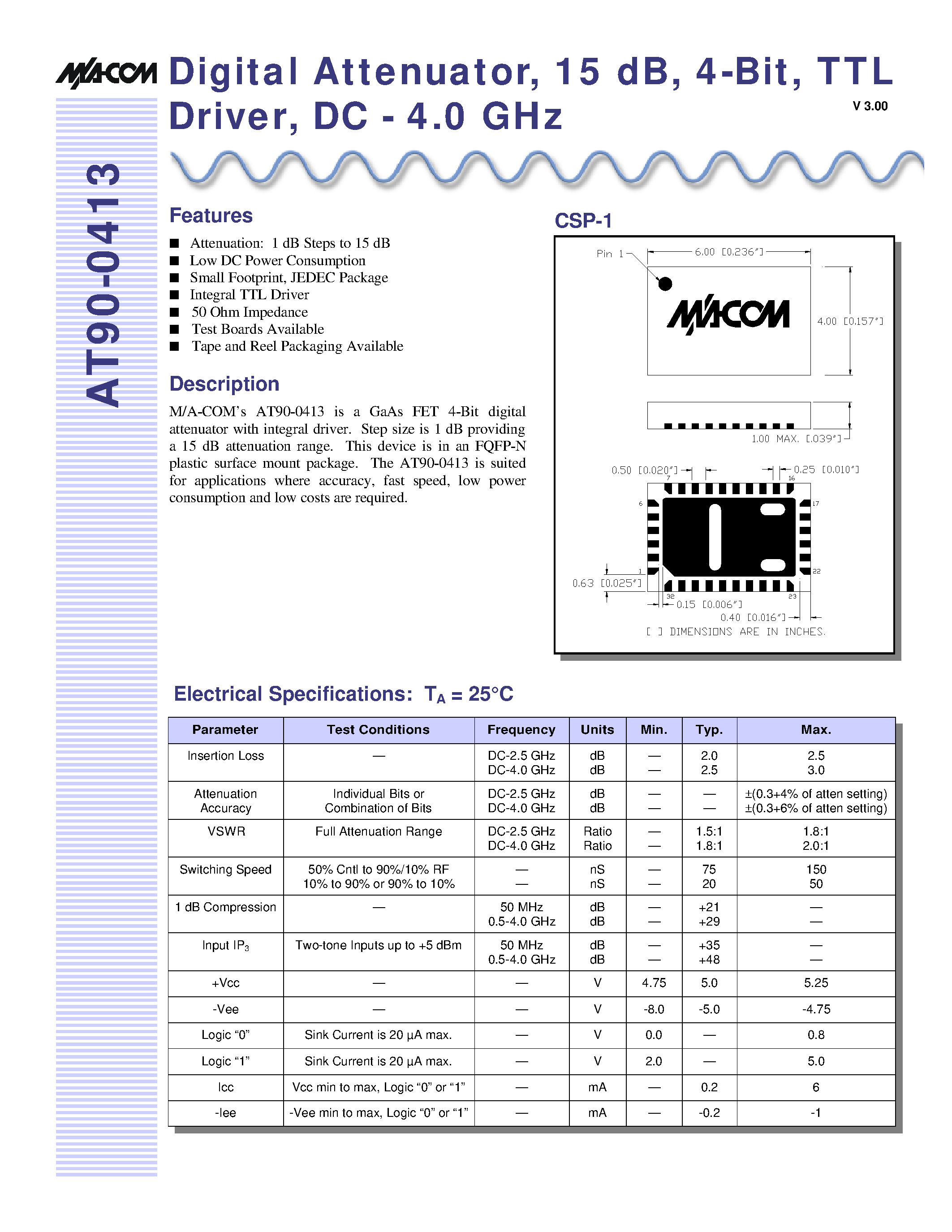 Datasheet AT90-0413 - Digital Attenuator/ 15 dB/ 4-Bit/ TTL Driver/ DC - 4.0 GHz page 1