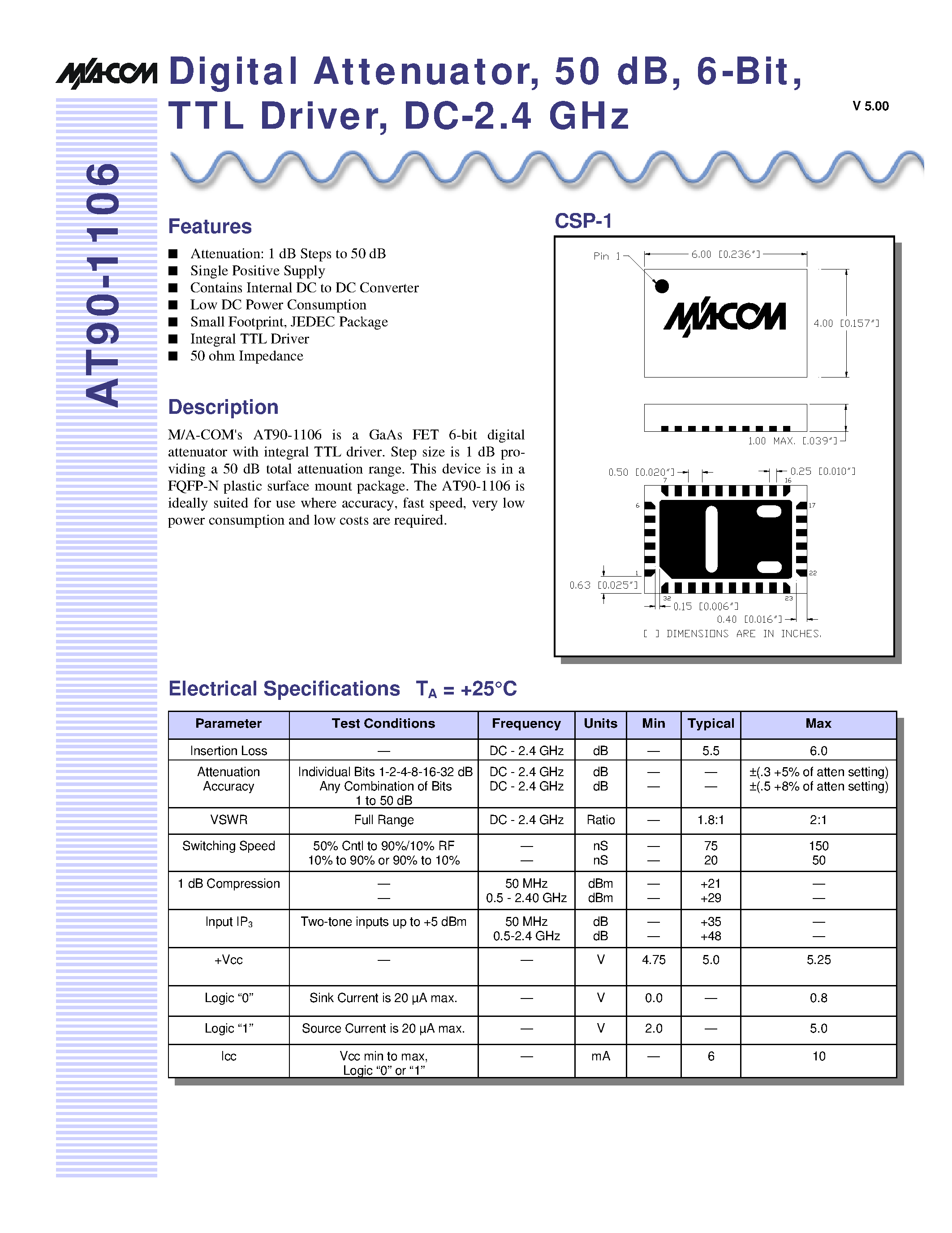 Даташит AT90-1106-TB - Digital Attenuator/ 50 dB/ 6-Bit/ TTL Driver/ DC-2.4 GHz страница 1