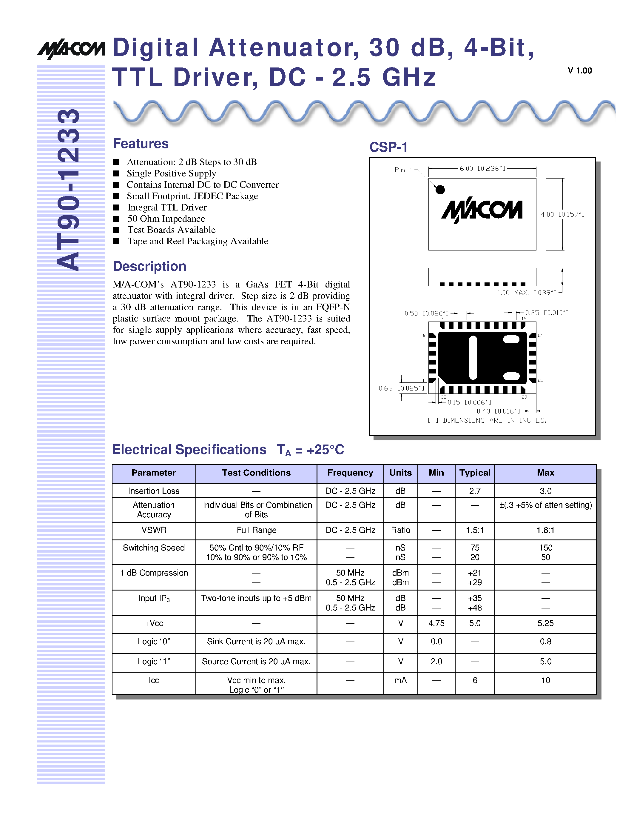 Даташит AT90-1233 - Digital Attenuator/ 30 dB/ 4-Bit/ TTL Driver/ DC - 2.5 GHz страница 1