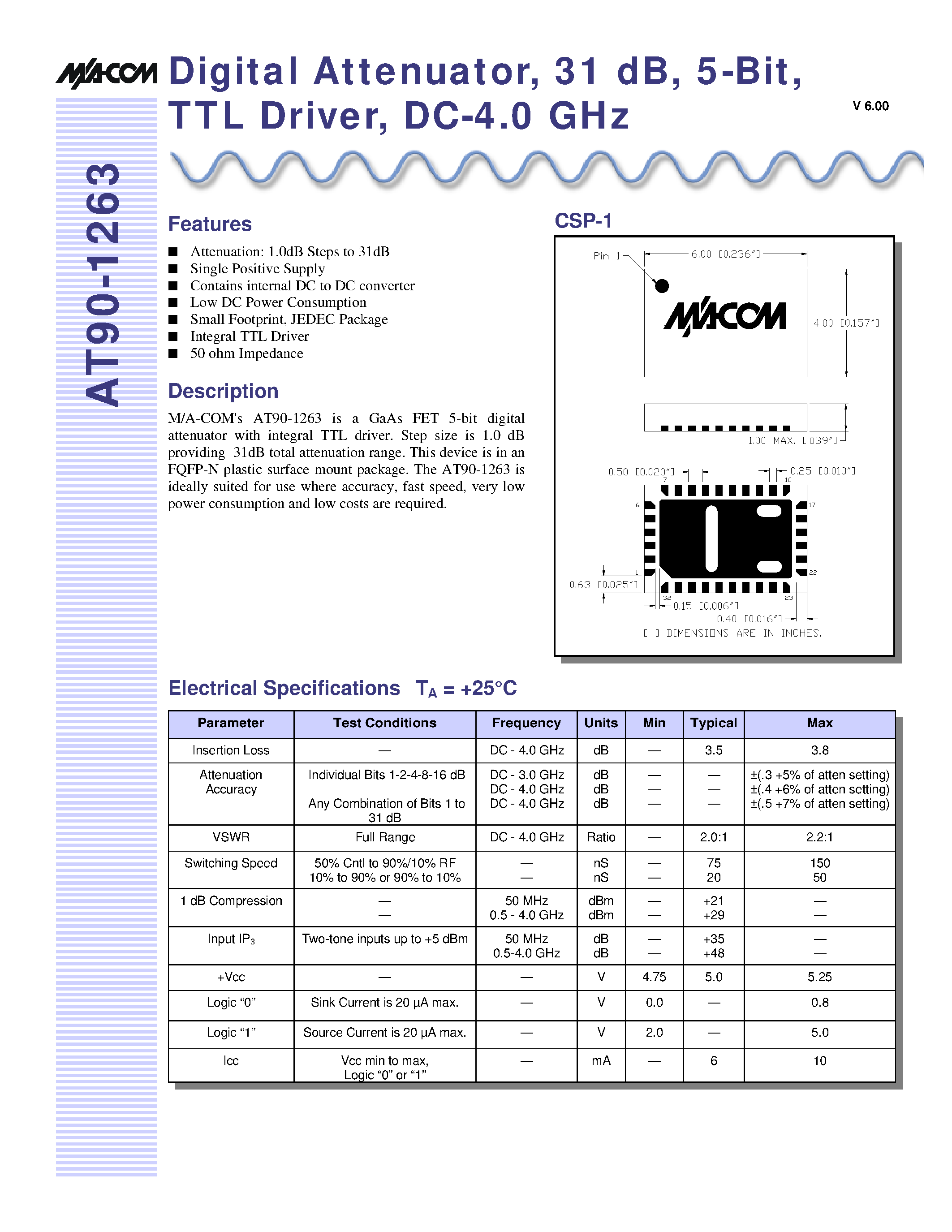 Datasheet AT90-1263TR - Digital Attenuator/ 31 dB/ 5-Bit/ TTL Driver/ DC-4.0 GHz page 1