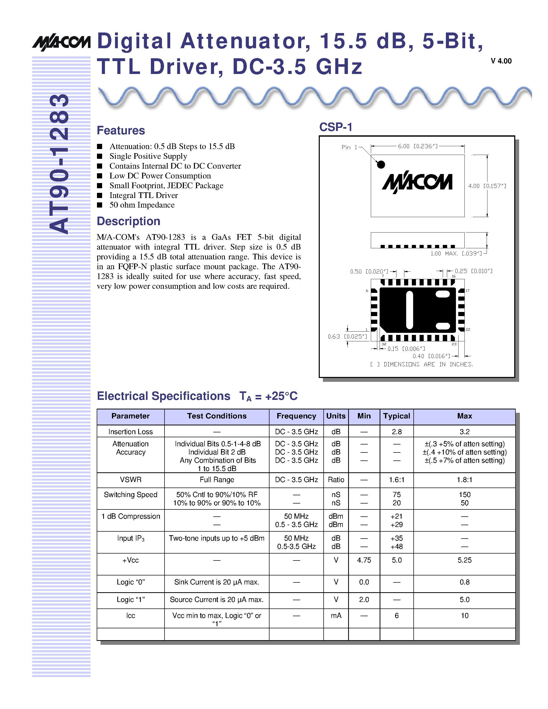 Datasheet AT90-1283 - Digital Attenuator/ 15.5 dB/ 5-Bit/ TTL Driver/ DC-3.5 GHz page 1