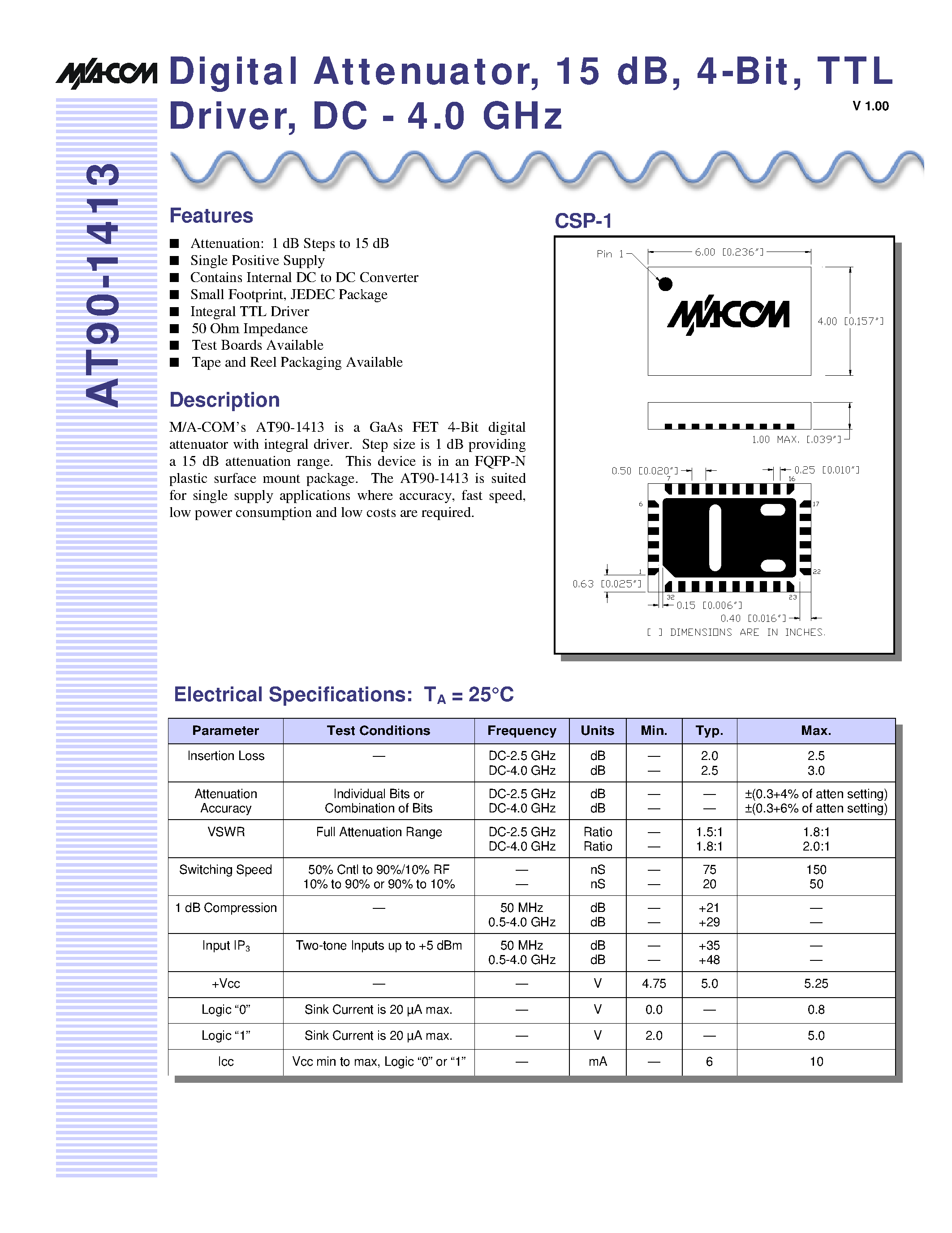 Datasheet AT90-1413 - Digital Attenuator/ 15 dB/ 4-Bit/ TTL Driver/ DC - 4.0 GHz page 1
