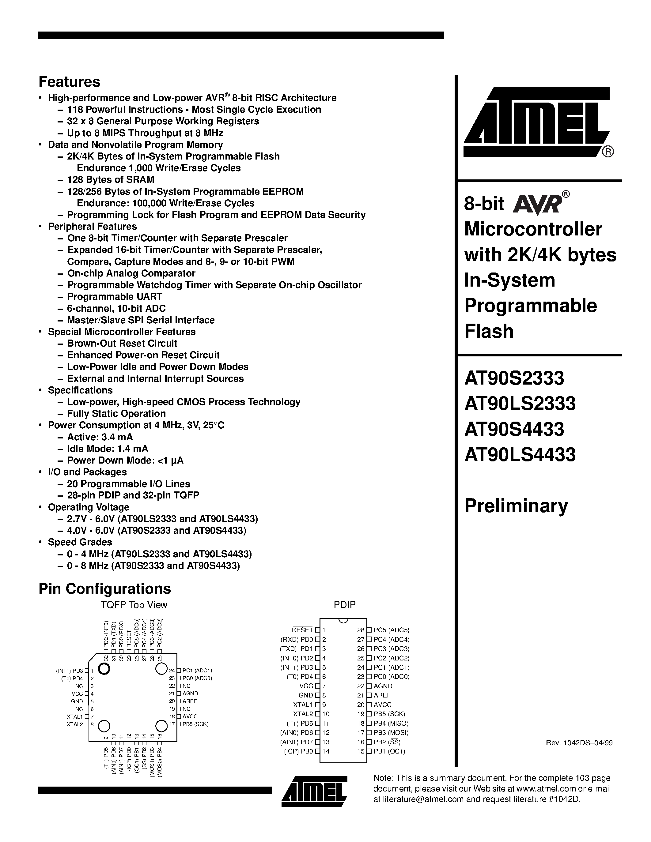 Даташит AT90LS2333-4AC - 8-bit Microcontroller with 2K/4K bytes In-System Programmable Flash страница 1