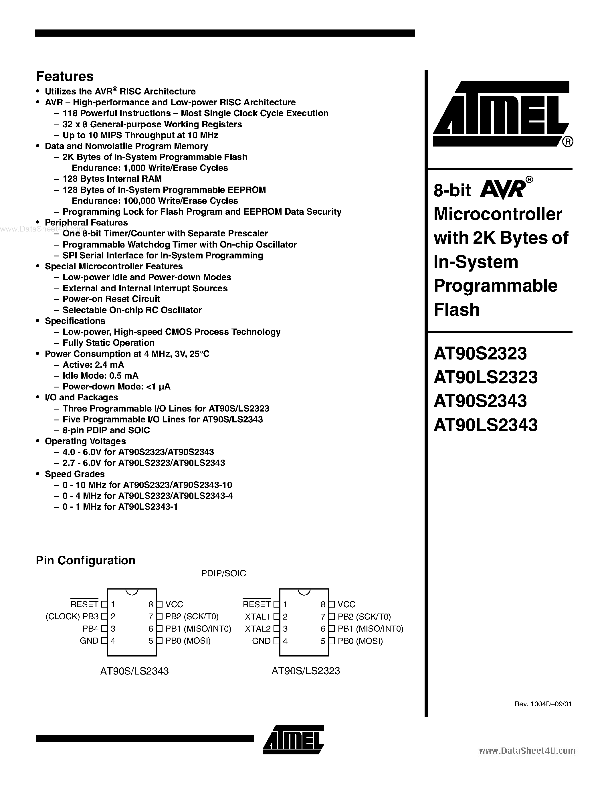 Даташит AT90LS2343-4SC - 8-Bit Microcontroller with 2K Bytes of In-System Programmable Flash страница 1