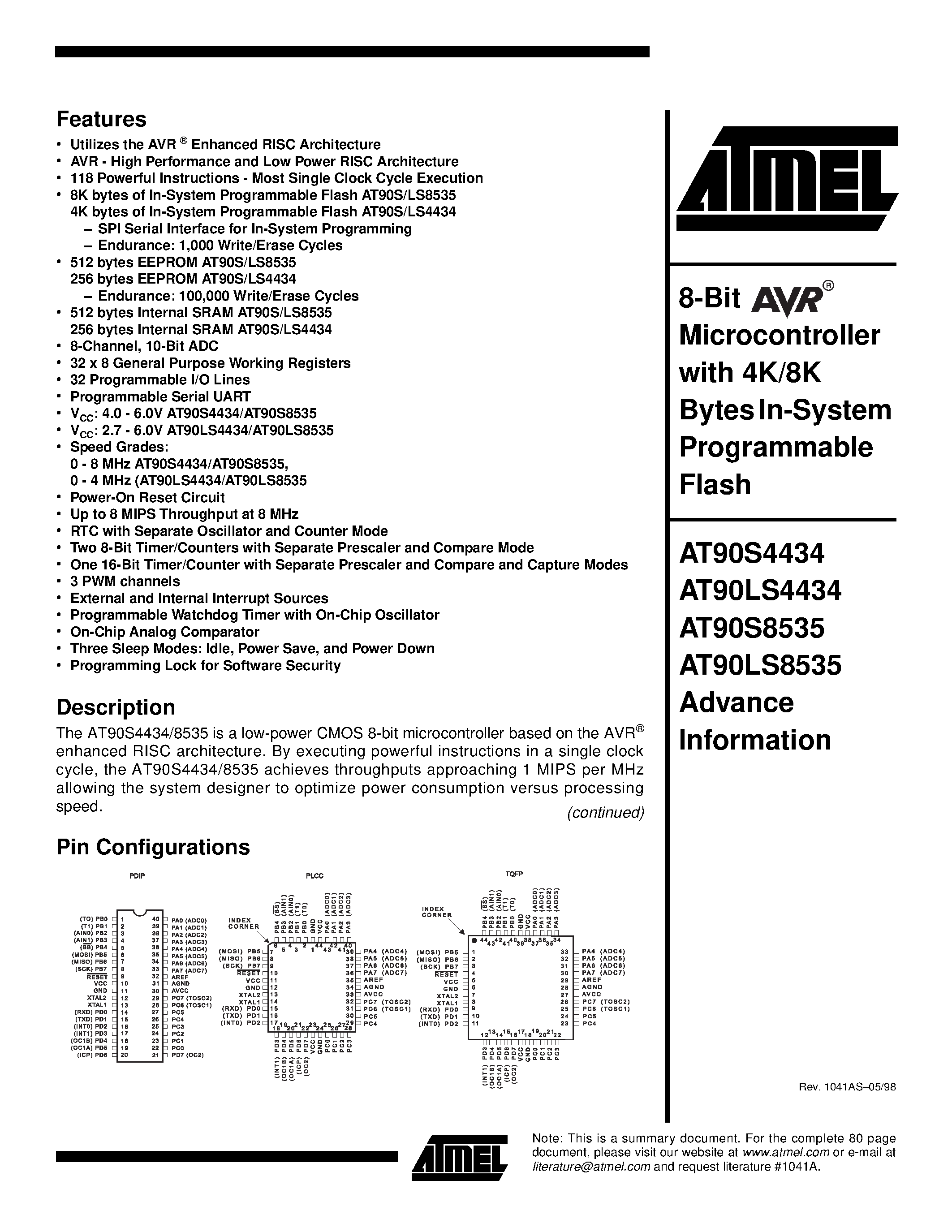 Даташит на микросхему AT90LS4434 страница 1 Даташит AT90LS4434 - 8-Bit Microcontroller with 4K/8K Bytes In-System Programmable Flash страница 1