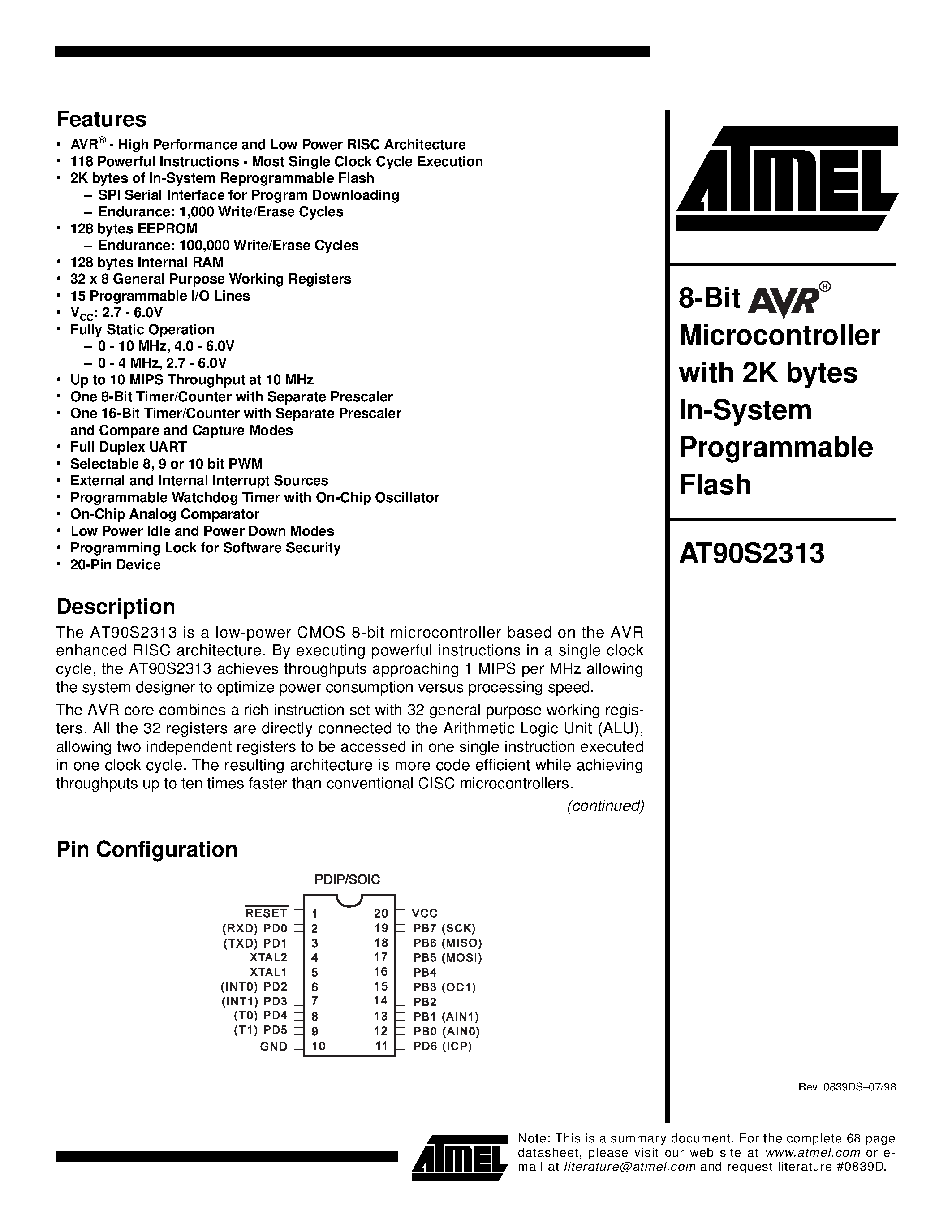 Даташит AT90S2313-4PC - 8-bit Microcontroller with 2K Bytes of In-System Programmable Flash страница 1