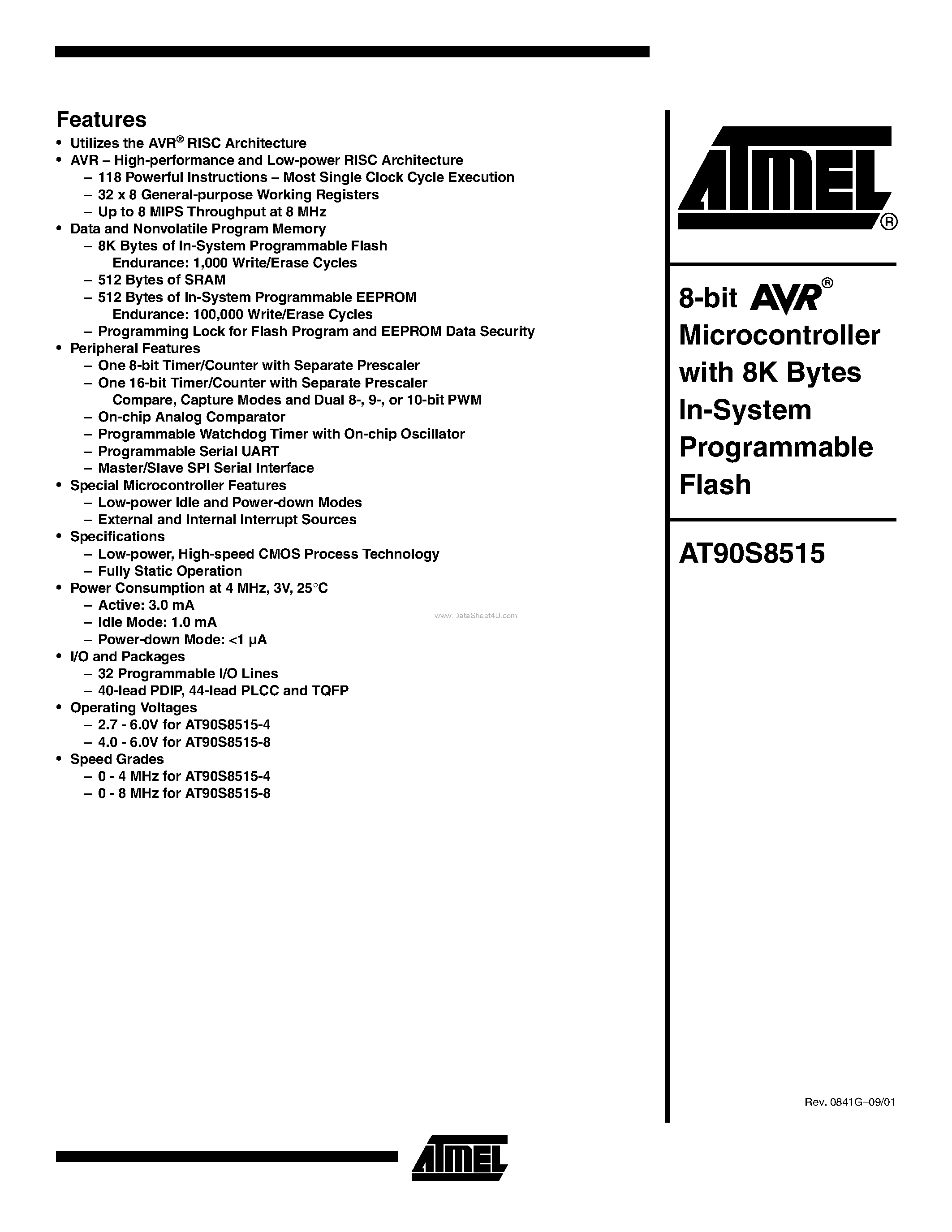 Даташит на микросхему AT90S8515 страница 1 Даташит AT90S8515 - 8-Bit Microcontroller with 8K bytes In-System Programmable Flash страница 1