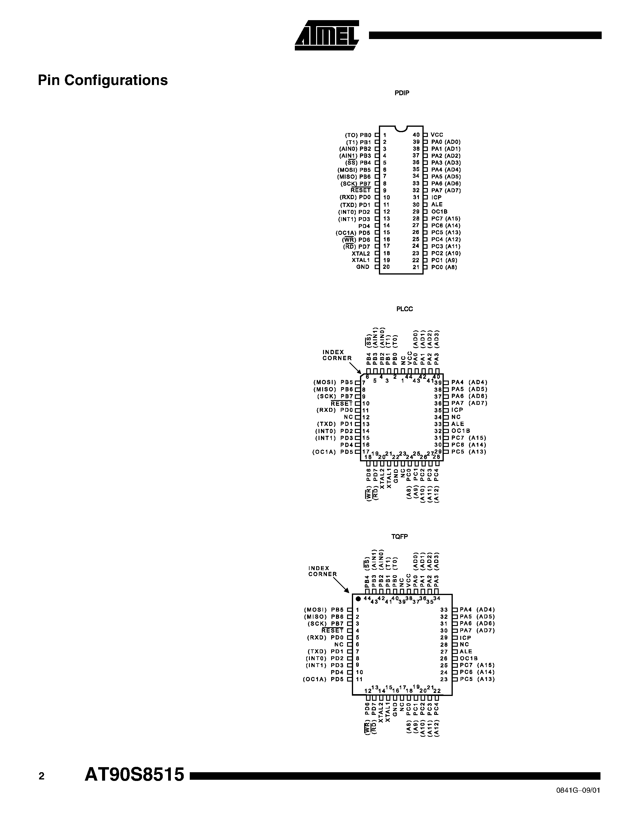 Даташит AT90S8515-4PI - 8-Bit Microcontroller with 8K bytes In-System Programmable Flash страница 2