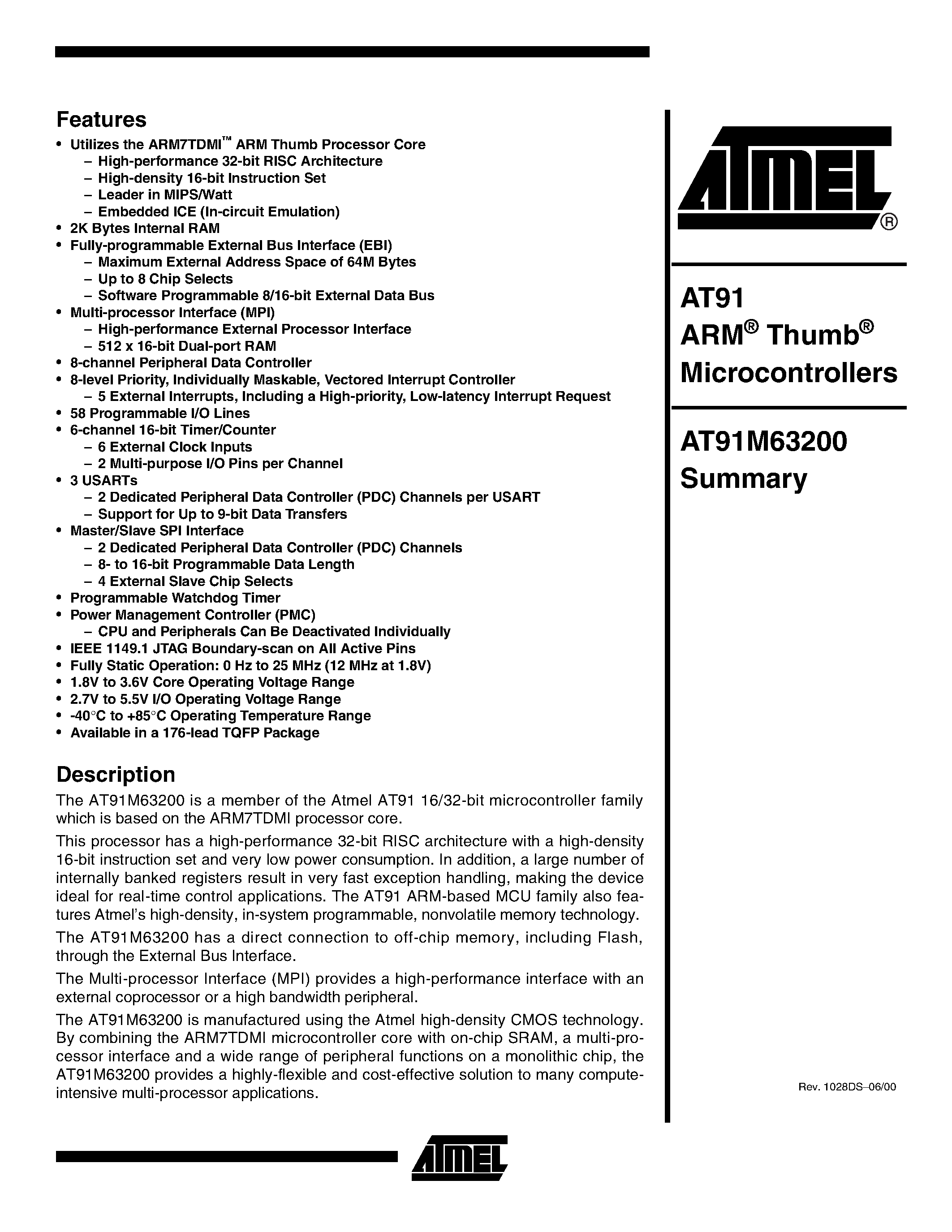 Datasheet AT91M63200-12AI-1.8 - ARM Thumb Microcontrollers page 1