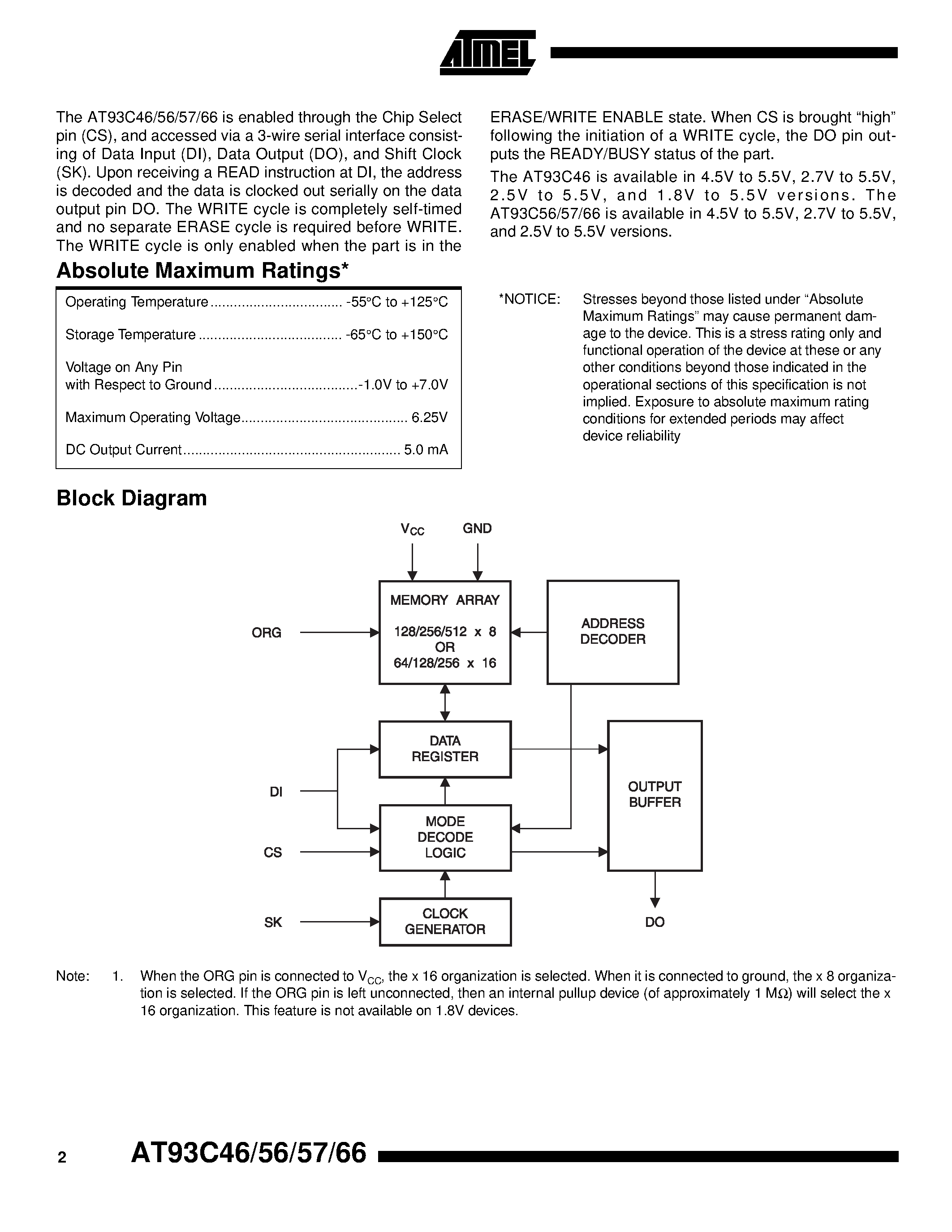 Datasheet AT93C46-10TI-1.8 - 3-wire Serial EEPROMs page 2