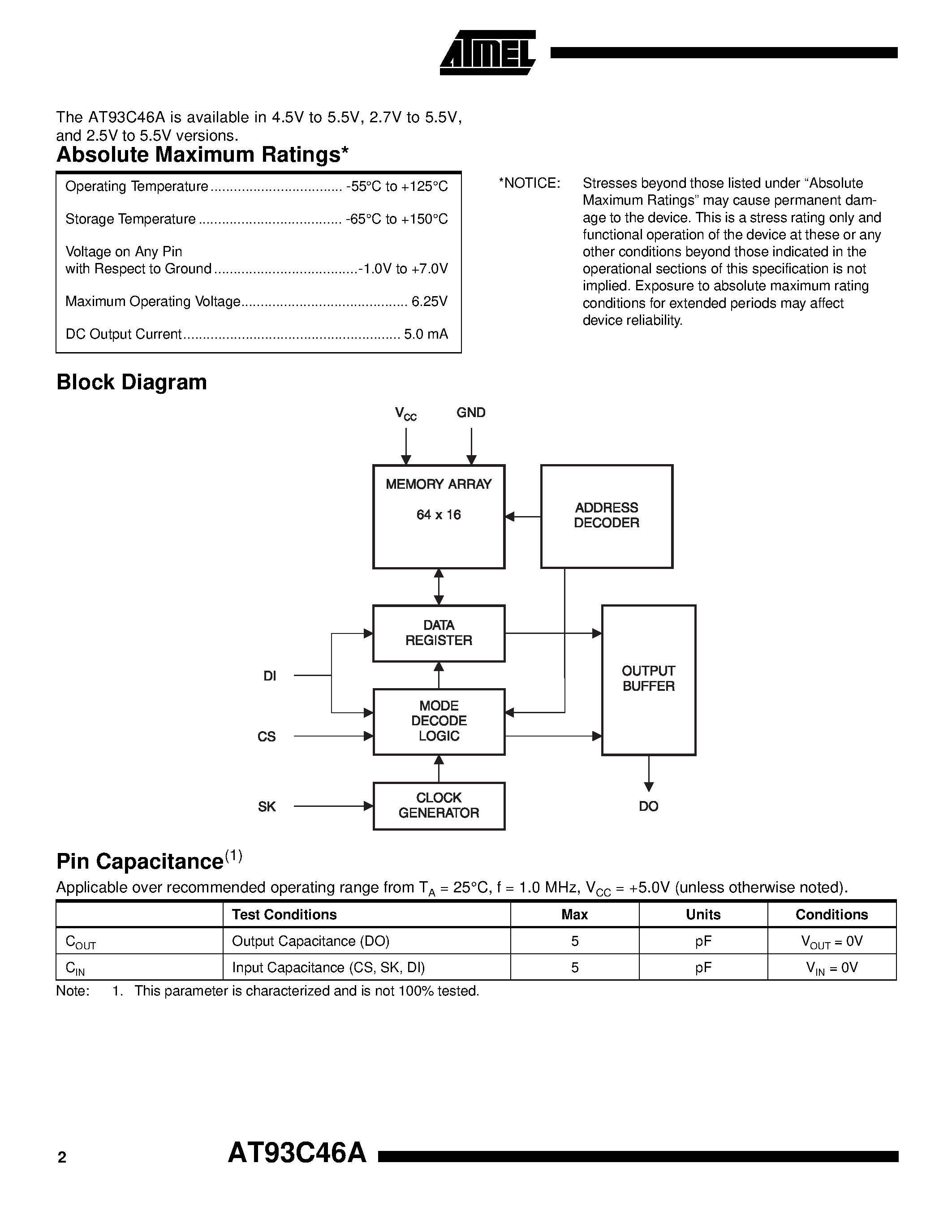 Datasheet AT93C46A-10SC page 2 Datasheet AT93C46A-10SC - 3-Wire Serial EEPROM 1K (64 x 16) page 2