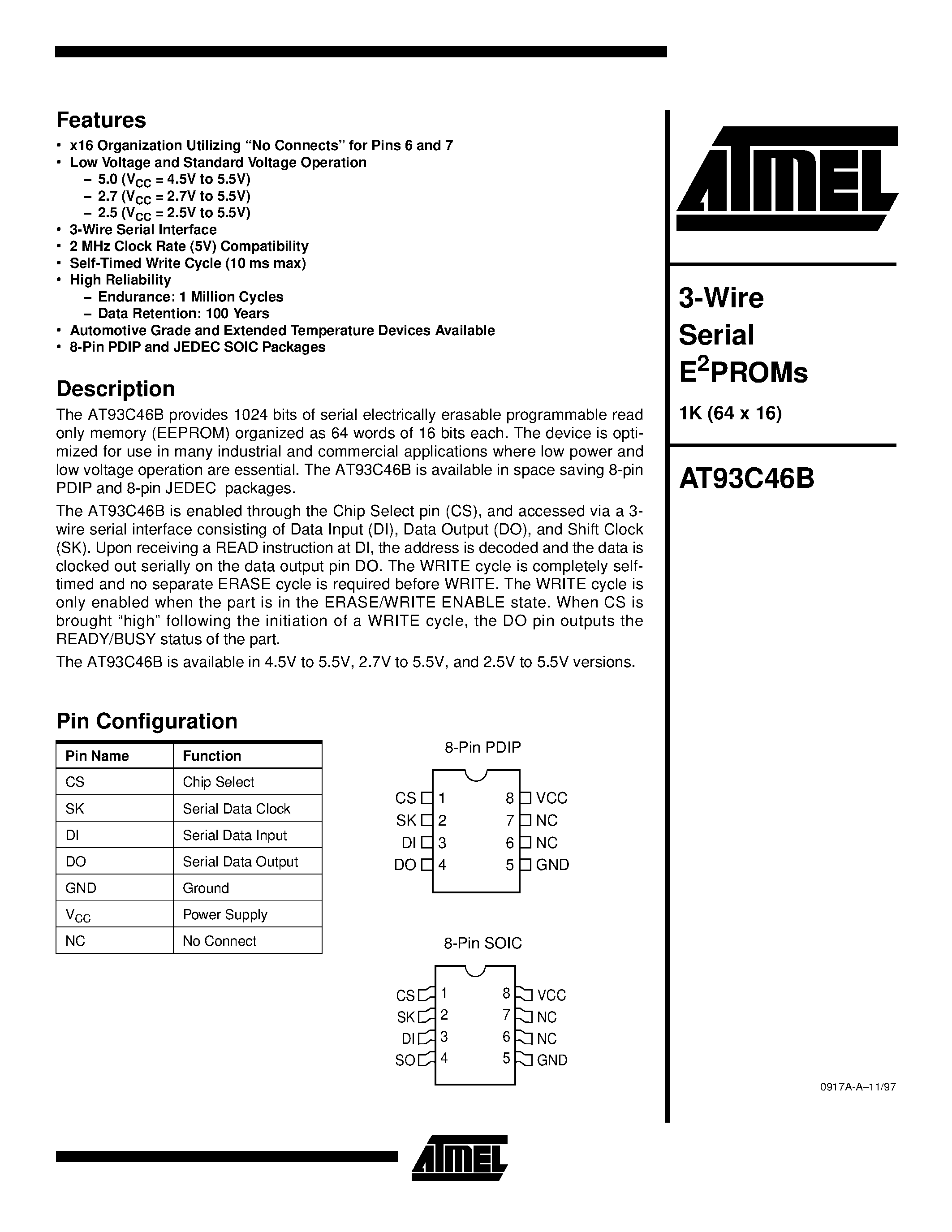 Datasheet AT93C46B-10PI-2.5 - 3-Wire Serial E2PROMs page 1