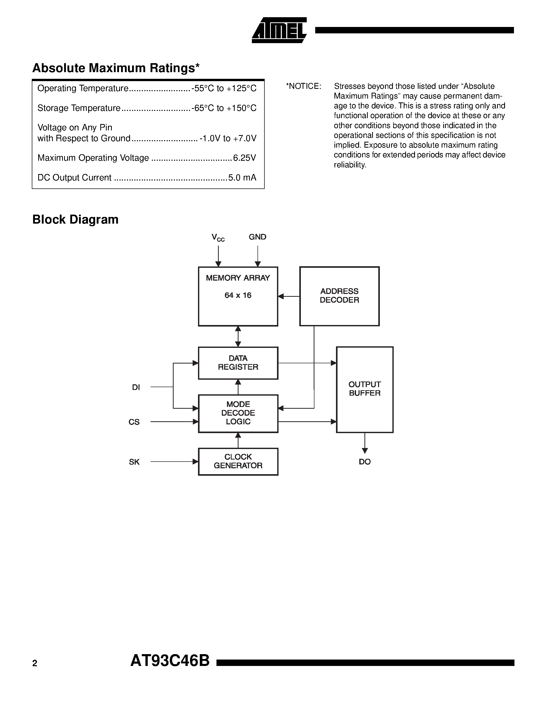 Datasheet AT93C46B-10SC page 2 Datasheet AT93C46B-10SC - 3-Wire Serial E2PROMs page 2