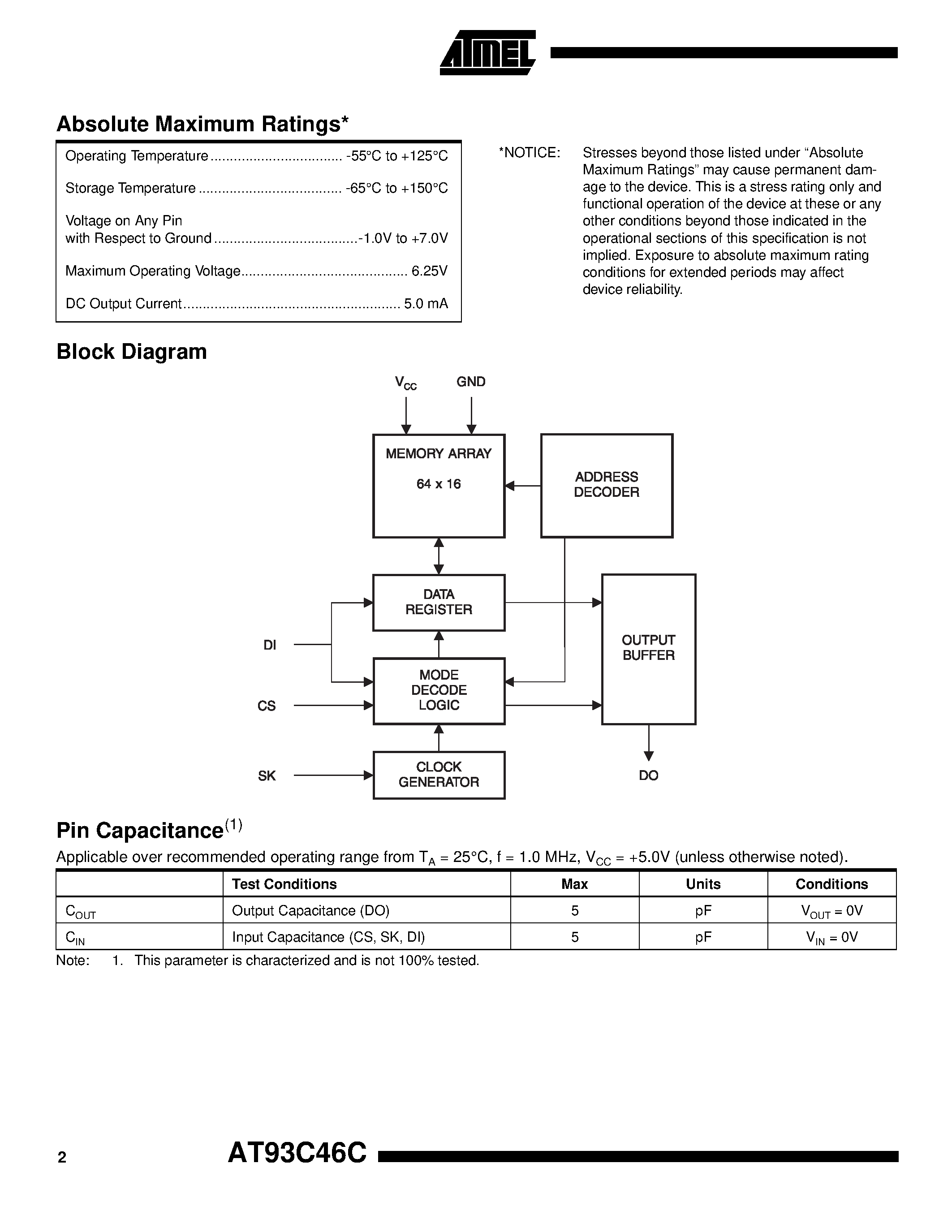 Datasheet AT93C46C-10SC page 2 Datasheet AT93C46C-10SC - 3-Wire Serial EEPROM page 2