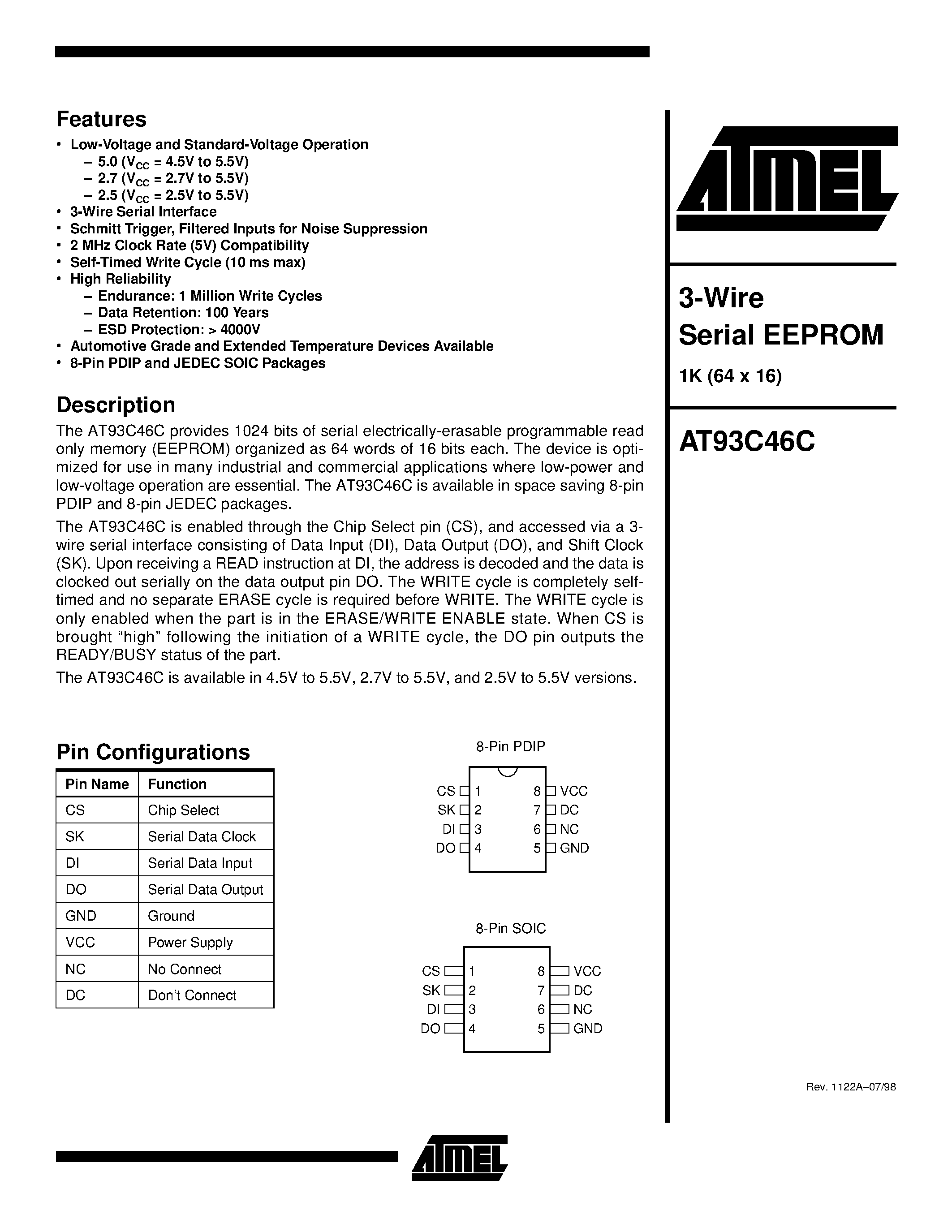 Datasheet AT93C46C-10SI-2.7 - 3-Wire Serial EEPROM page 1