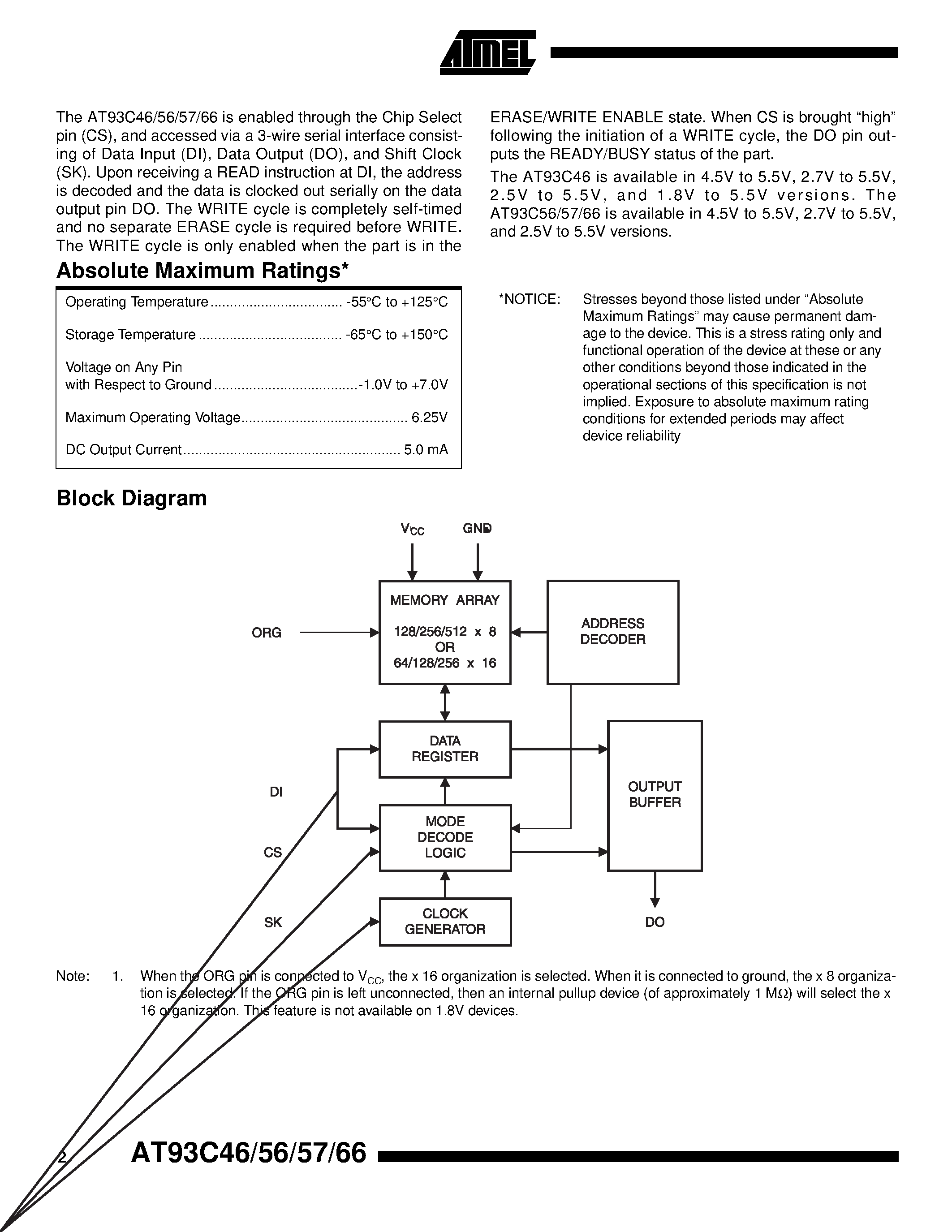 Datasheet AT93C46R-10SC page 2 Datasheet AT93C46R-10SC - 3-wire Serial EEPROMs page 2
