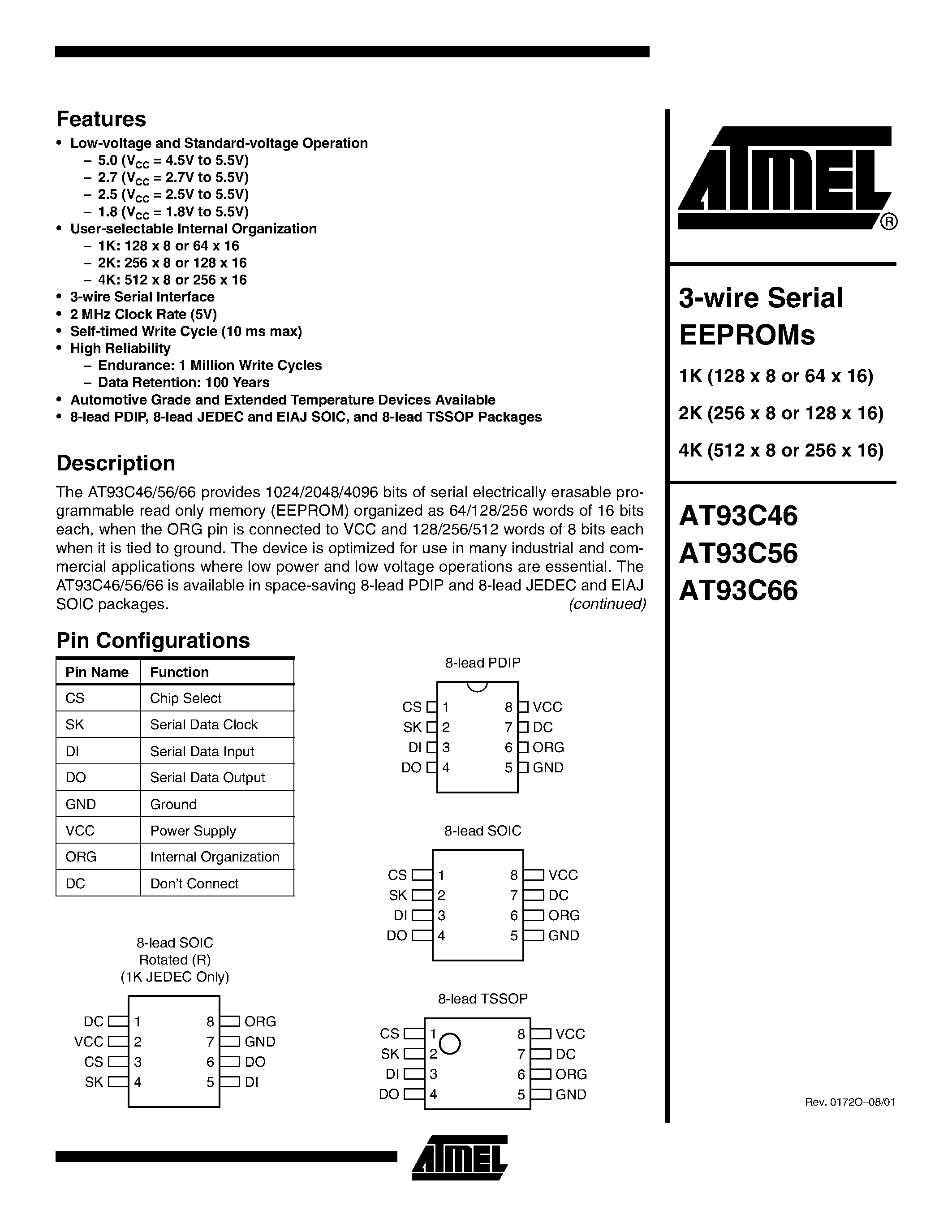 Datasheet AT93C56 page 1 Datasheet AT93C56 - 3-wire Serial EEPROMs page 1