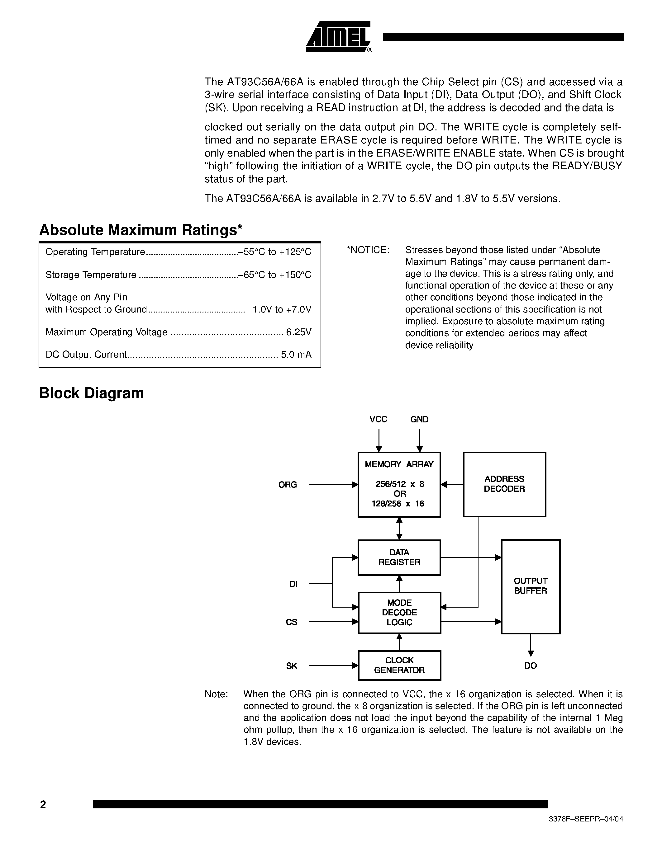 Datasheet AT93C56A - 3-wire Serial EEPROMs 2K (256 x 8 or 128 x 16) page 2
