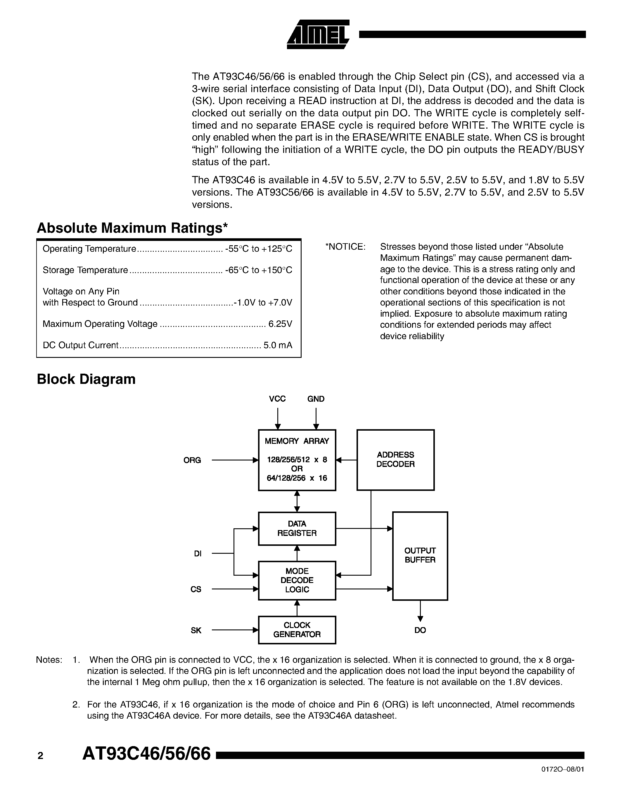 Datasheet AT93C66 page 2 Datasheet AT93C66 - 3-wire Serial EEPROMs page 2